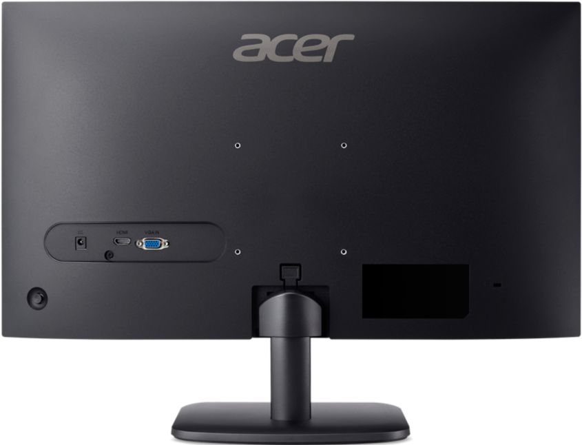 Il retro di un monitor Acer nero. Presenta porte per alimentazione, HDMI e VGA. Il logo Acer è in alto.