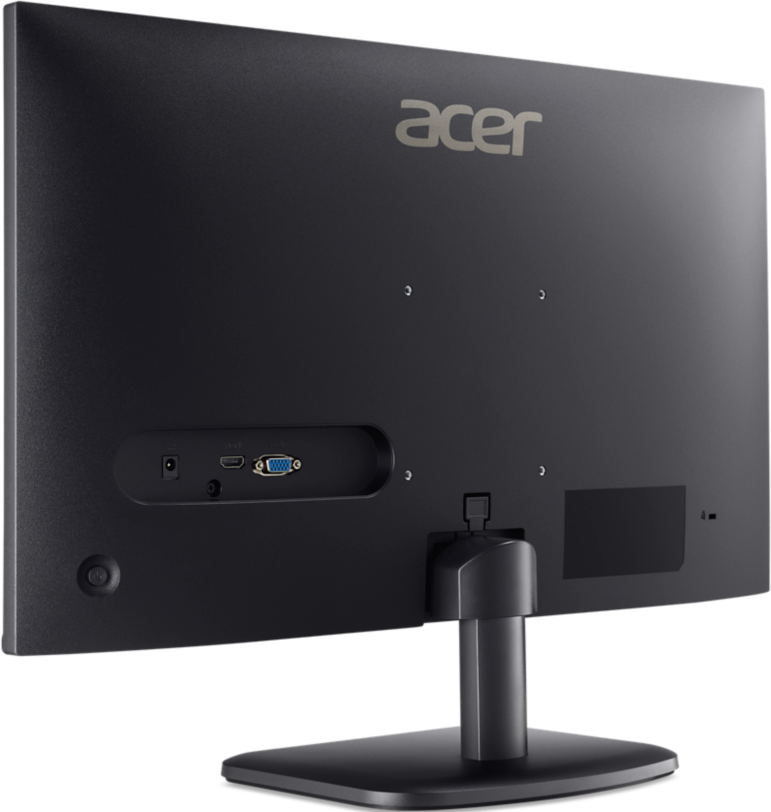 Retro di un monitor Acer nero. Presenta il logo Acer, porte e un supporto.