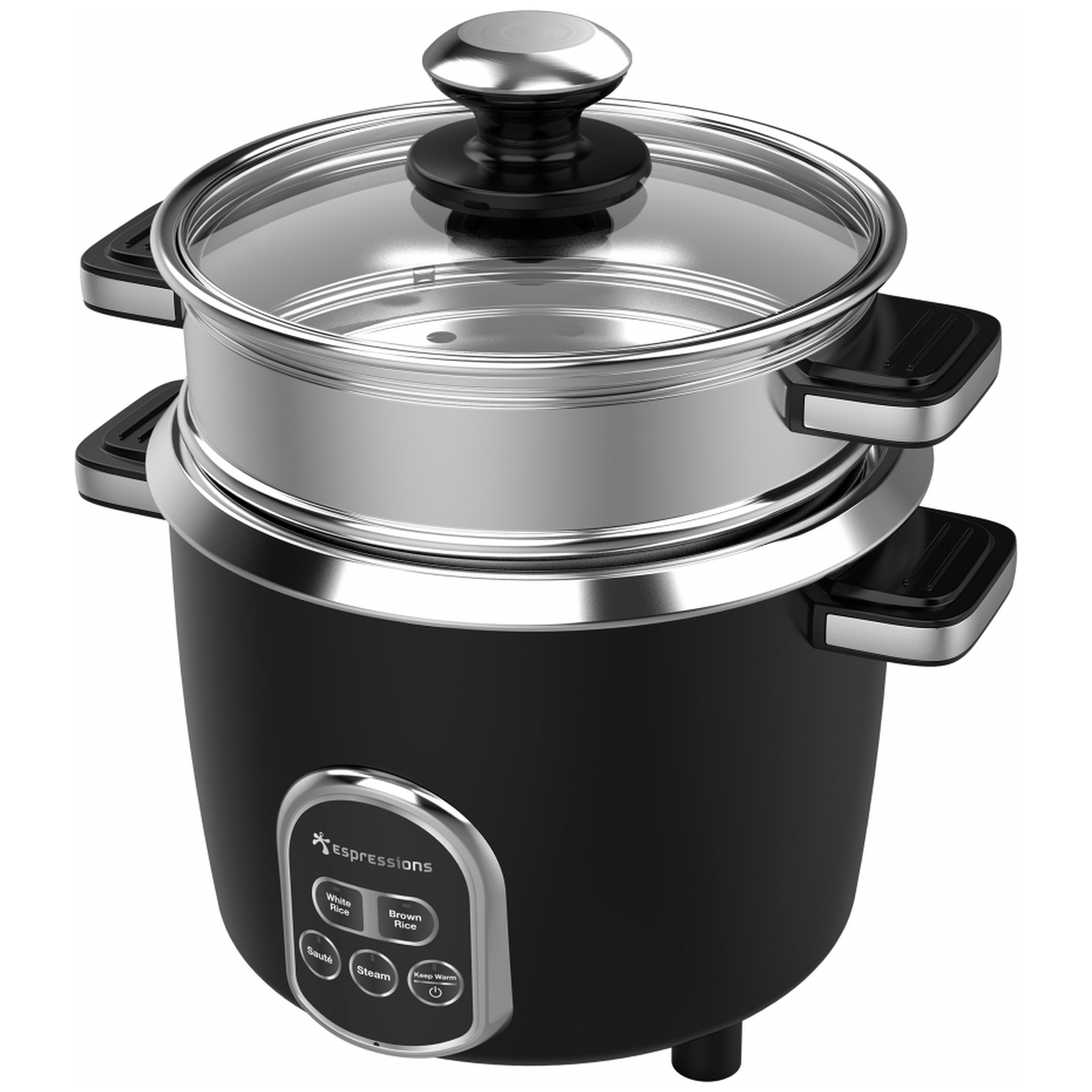 A black and silver rice cooker with a glass lid. It has a control panel with buttons for different cooking options.