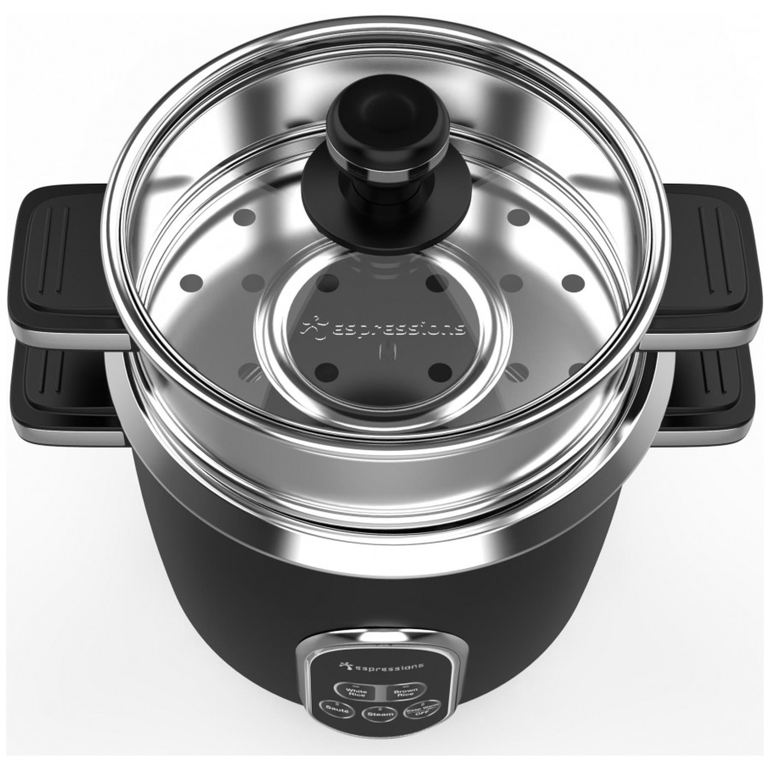 Black electric cooker with glass lid. Stainless steel rim and handle. Control panel with buttons. White background.