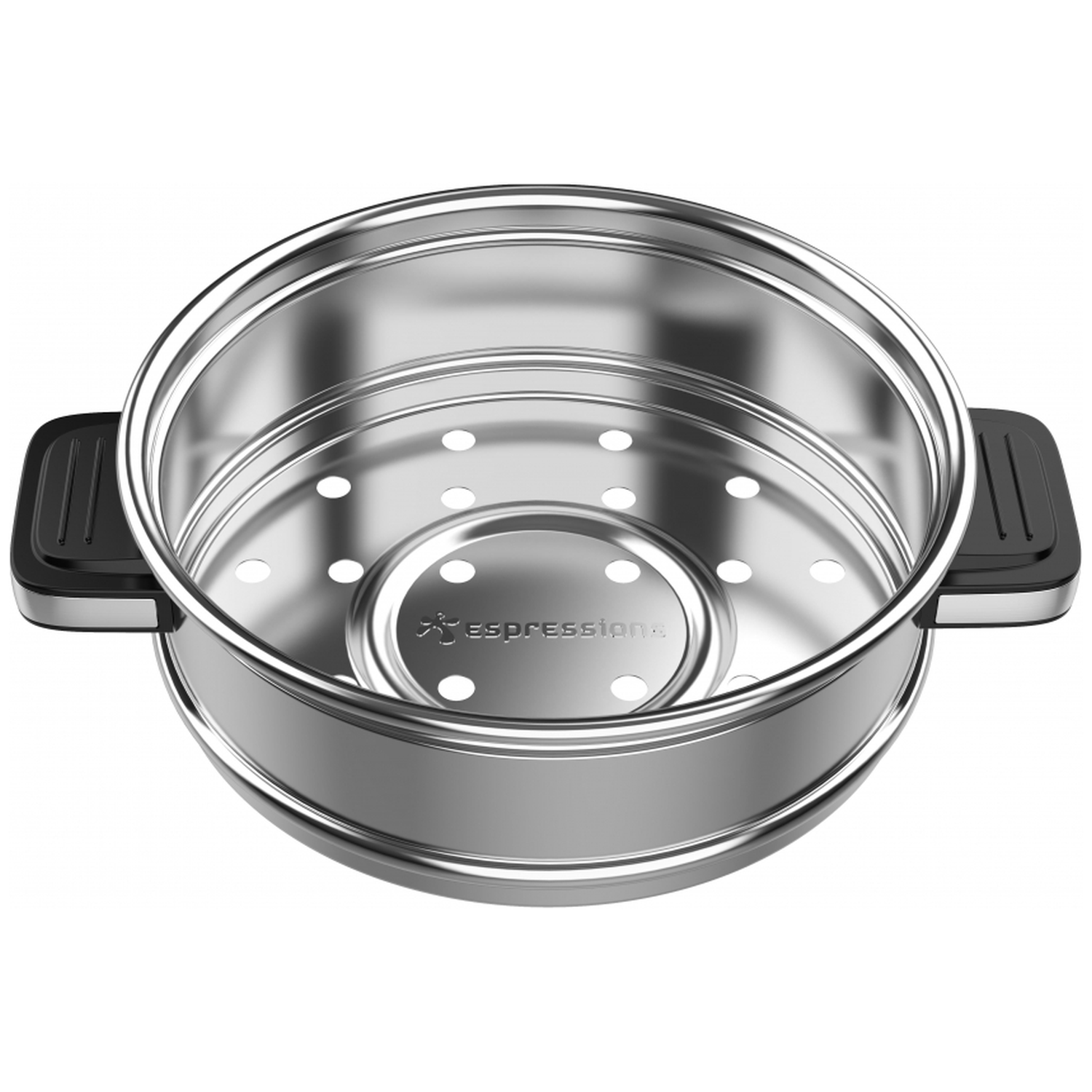A stainless steel steamer basket with black handles. It has a perforated base and is designed for cooking. The background is white.