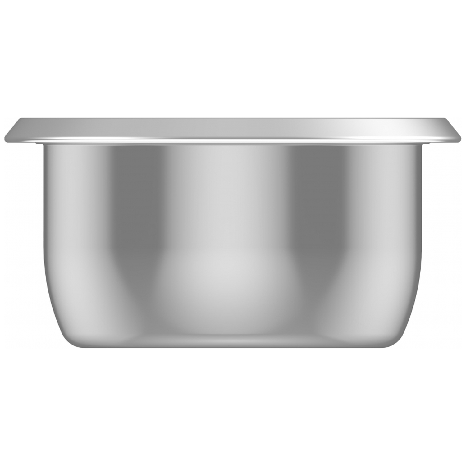 A metallic, silver-colored container with a lid. The container has rounded corners. The background is plain white.