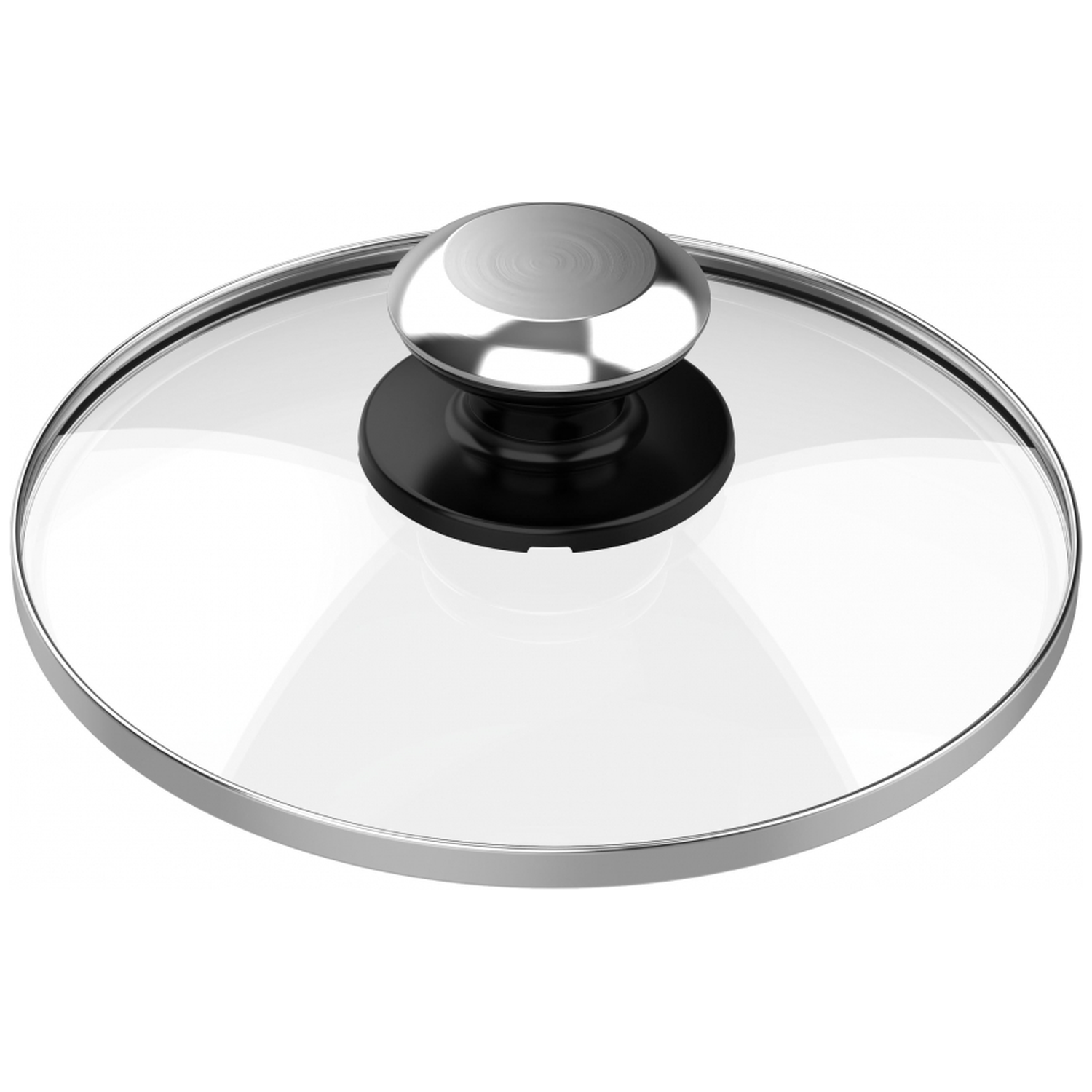A clear glass lid with a metallic rim and a black handle. The handle is made of metal on top. Isolated on white background.