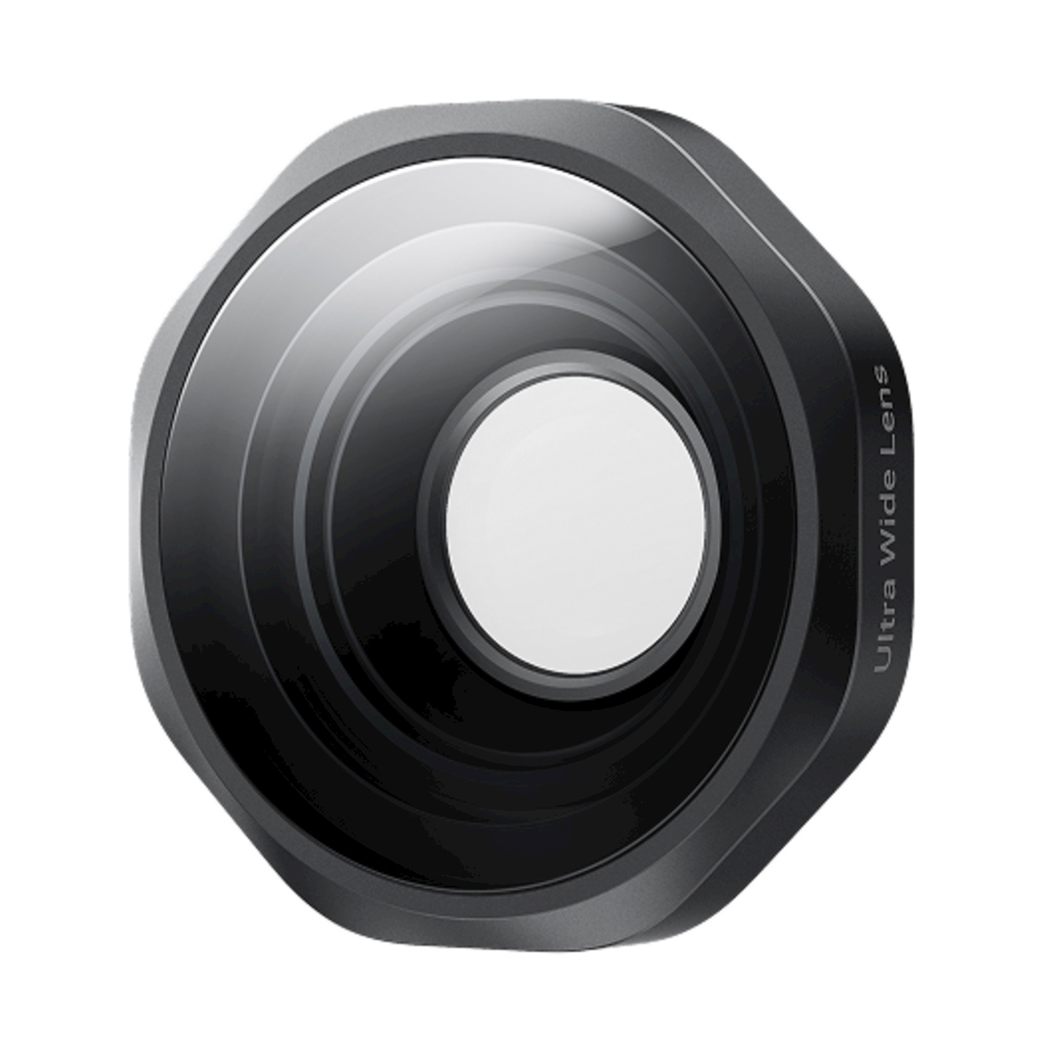 Una lente ultra grandangolare nera, ottagonale, con lente in vetro e centro bianco, con la scritta 'Ultra Wide Lens' sul lato.