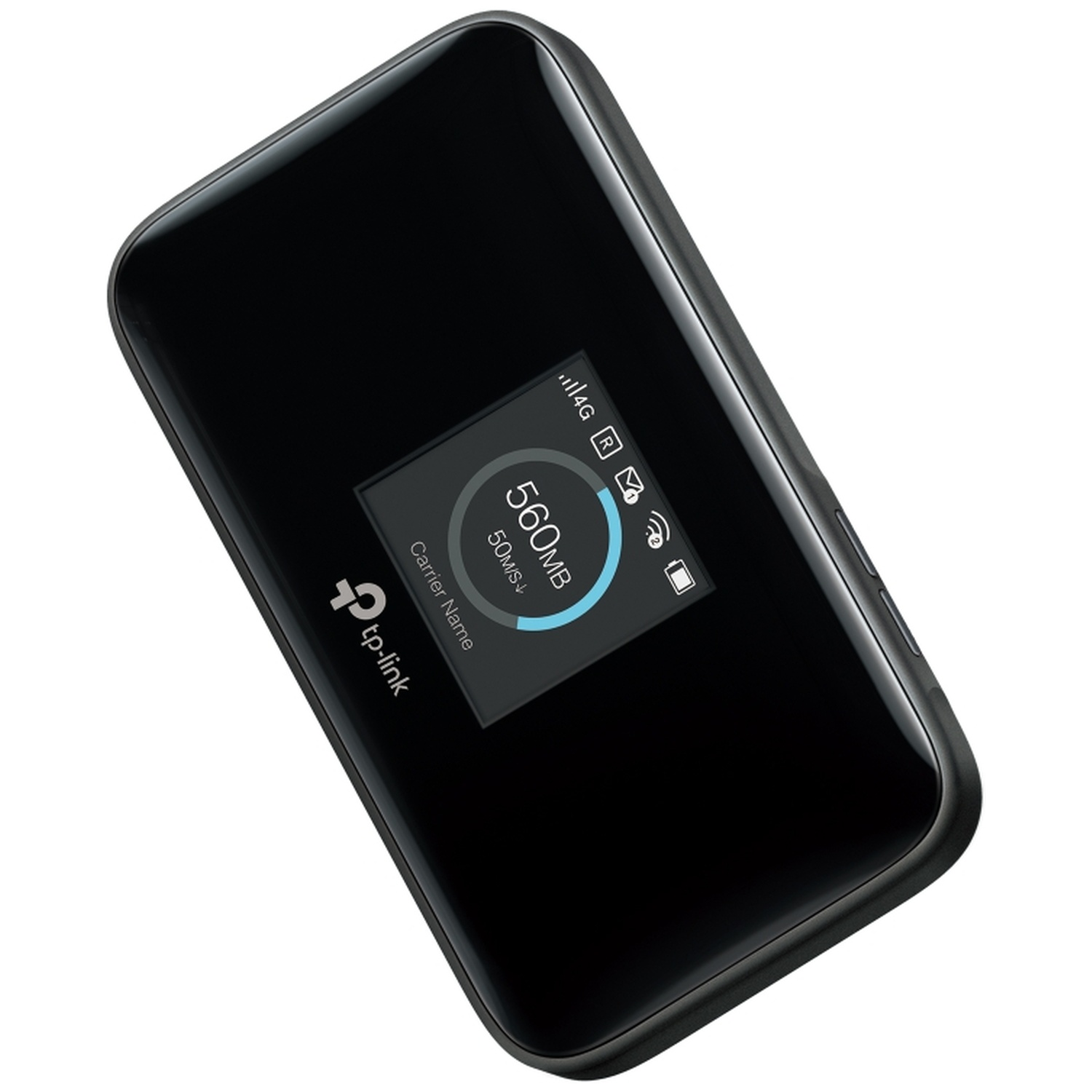 Un routeur Wi-Fi mobile TP-Link noir. Il possède un petit écran affichant l'utilisation des données et la force du signal. L'appareil est sur fond blanc.