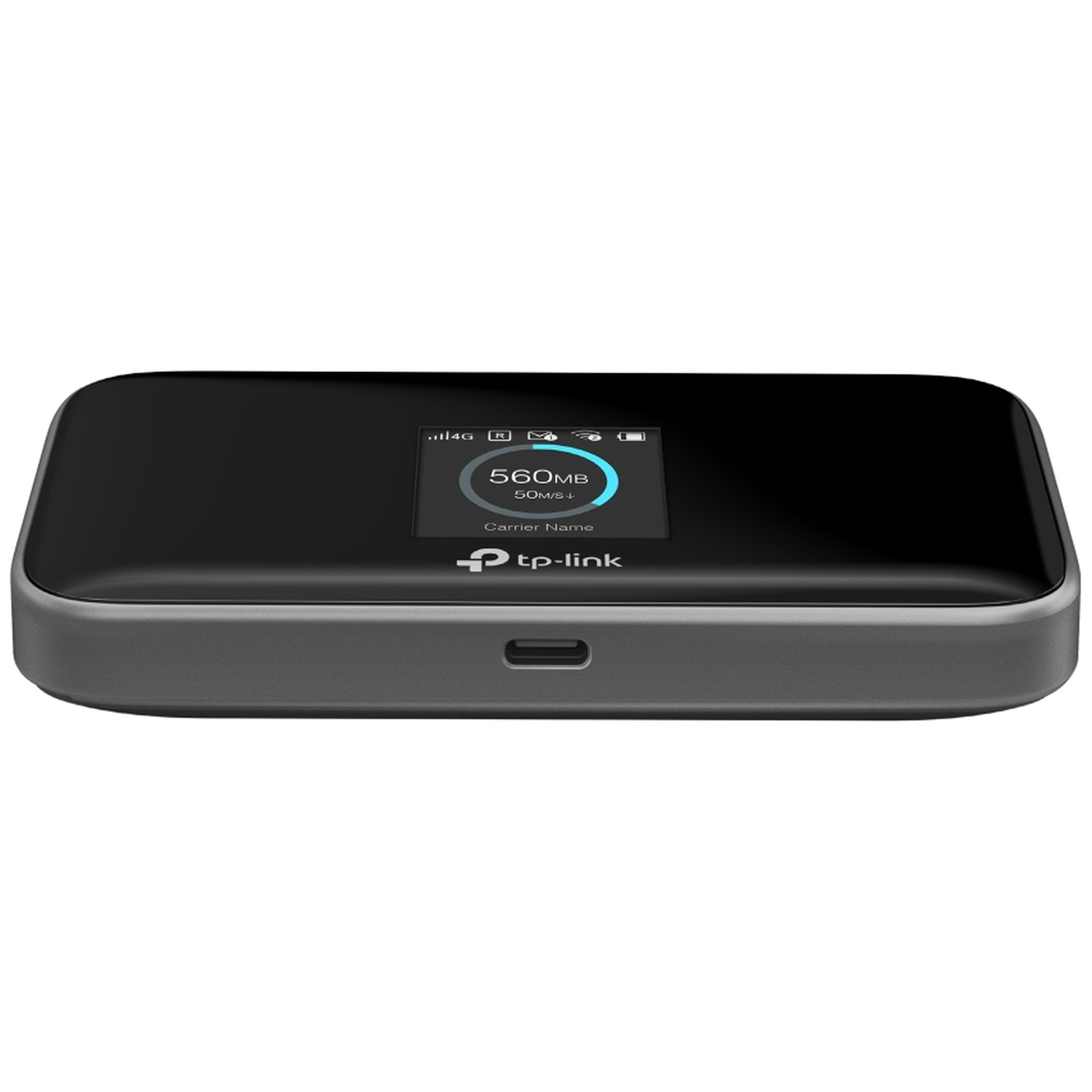 Un routeur Wi-Fi mobile TP-Link noir et gris. L'écran affiche l'utilisation des données et la force du signal. L'appareil est sur fond blanc.