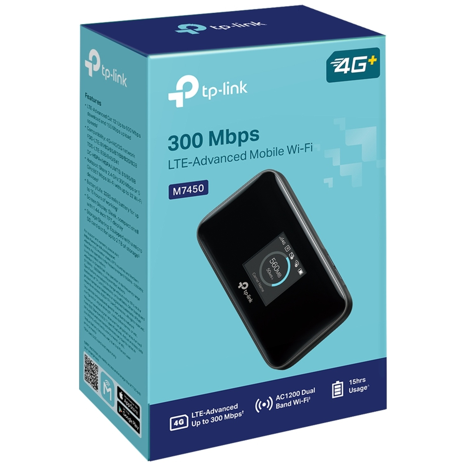 Boîte de TP-Link 300 Mbps LTE-Advanced Mobile Wi-Fi. Il y a un appareil noir avec un écran à l'avant.
