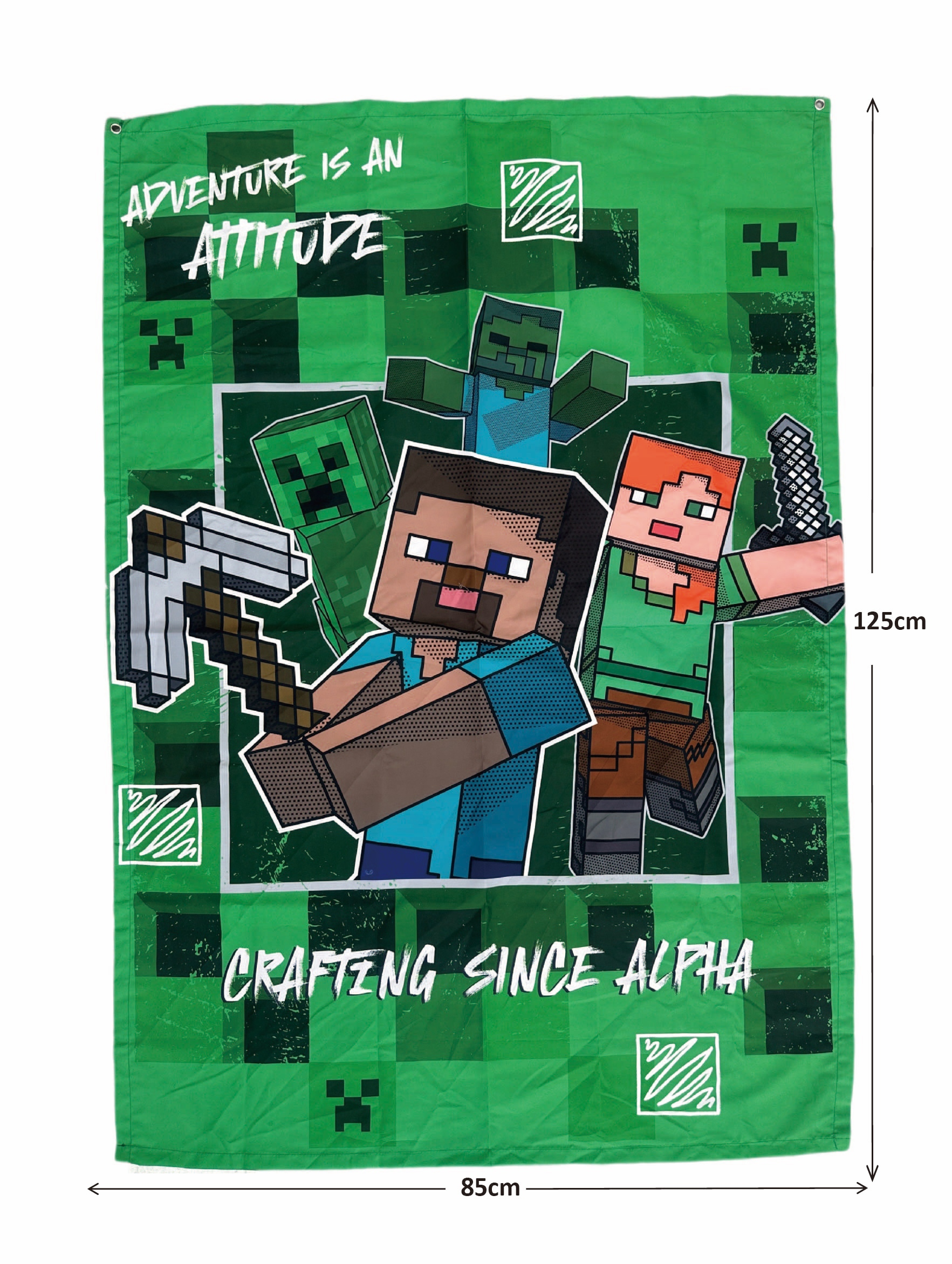 Minecraft-Flagge mit Charakteren und Text. Grüner Hintergrund mit Minecraft-Blöcken und Charakteren.