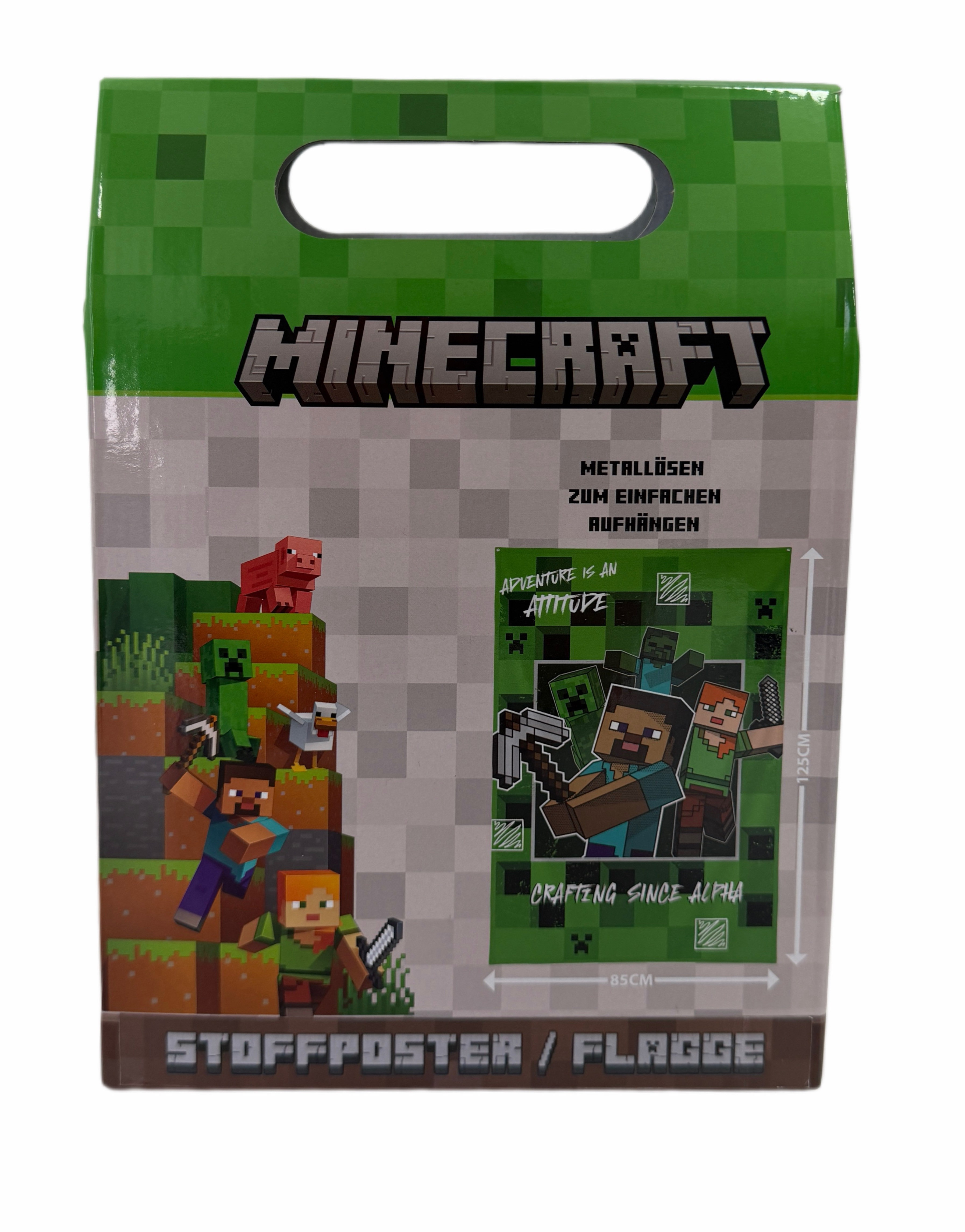 Minecraft-Box mit Charakteren, Text und Grafiken. Die Box ist grün mit einem Griff. Das Poster ist innen.