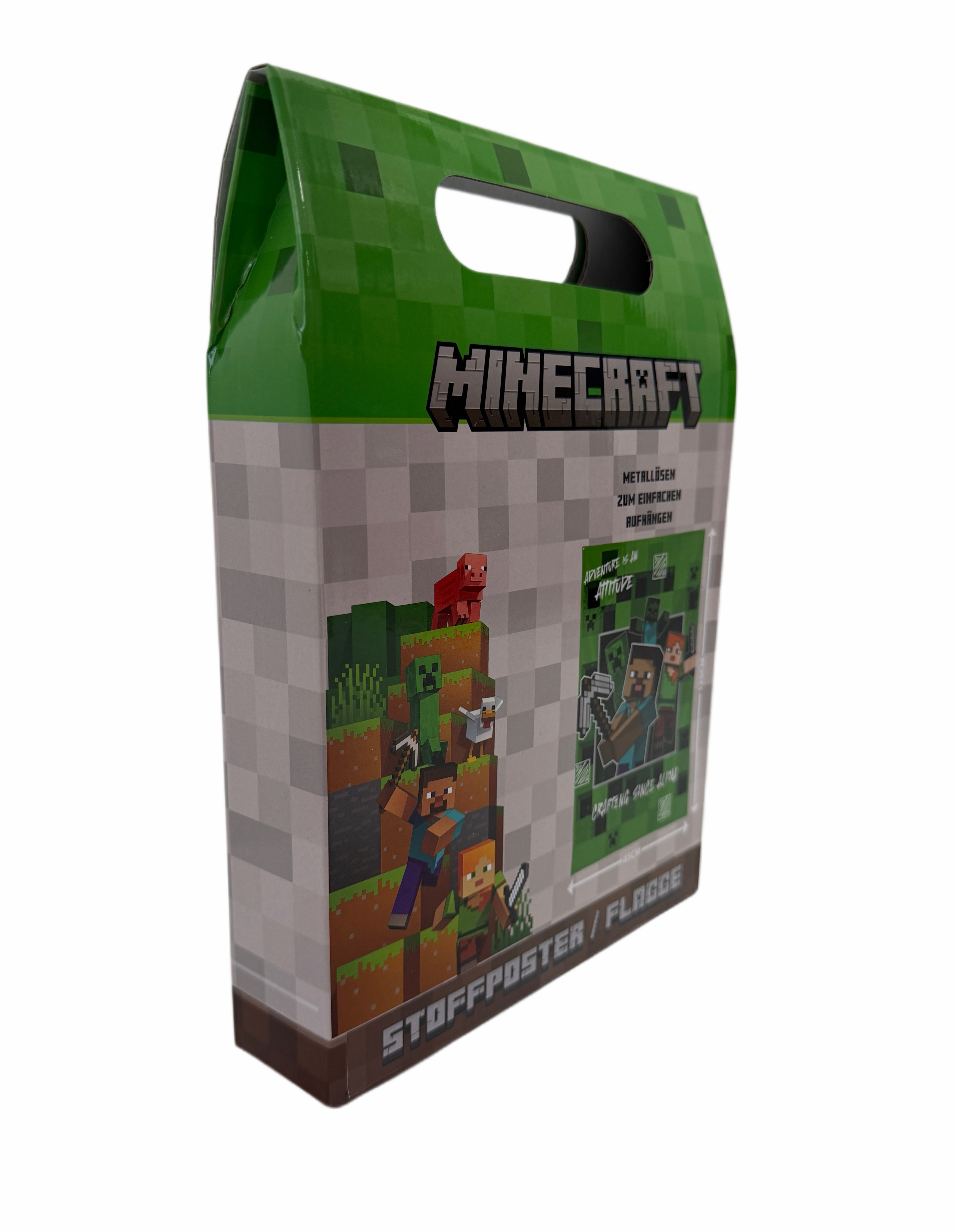 Minecraft-Box mit grünem Deckel und Griff. Zeigt Minecraft-Charaktere und -Logo. Weißer Hintergrund.