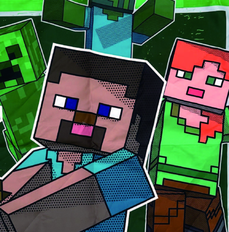 Minecraft-Charaktere Steve, Alex, Creeper und Zombie. Steve vorne, trägt blau. Alex mit orangen Haaren. Grüner Hintergrund.