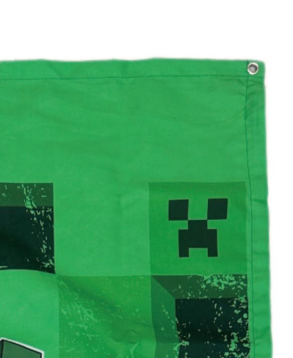Grüne Minecraft-Flagge. Zeigt ein pixeliges Creeper-Gesicht. Die Flagge ist hellgrün mit schwarzen quadratischen Details und weißem Hintergrund.