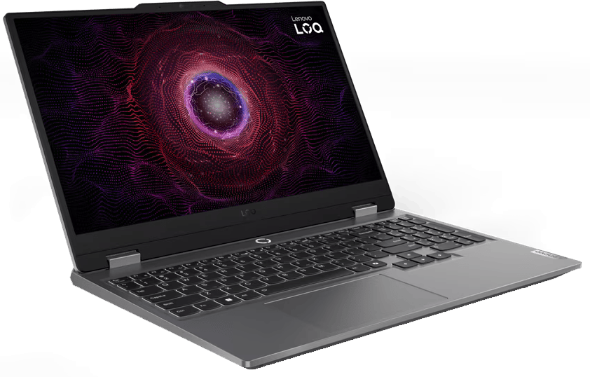 Nyitott Lenovo laptop, lila és fehér absztrakt dizájnnal a képernyőn. A billentyűzet látható. A laptop szürke.