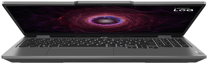 Nyitott laptop sötét képernyővel, absztrakt grafikával. Billentyűzet és touchpad látható. Lenovo logó jobb felül.