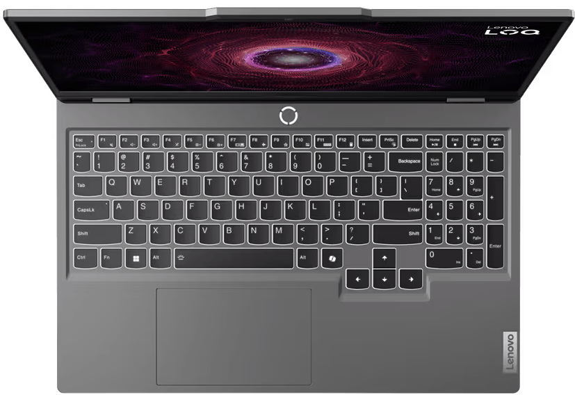 Felülnézet egy Lenovo laptopról. A képernyő színes mintát jelenít meg. A billentyűzet látható, a touchpad-del együtt.
