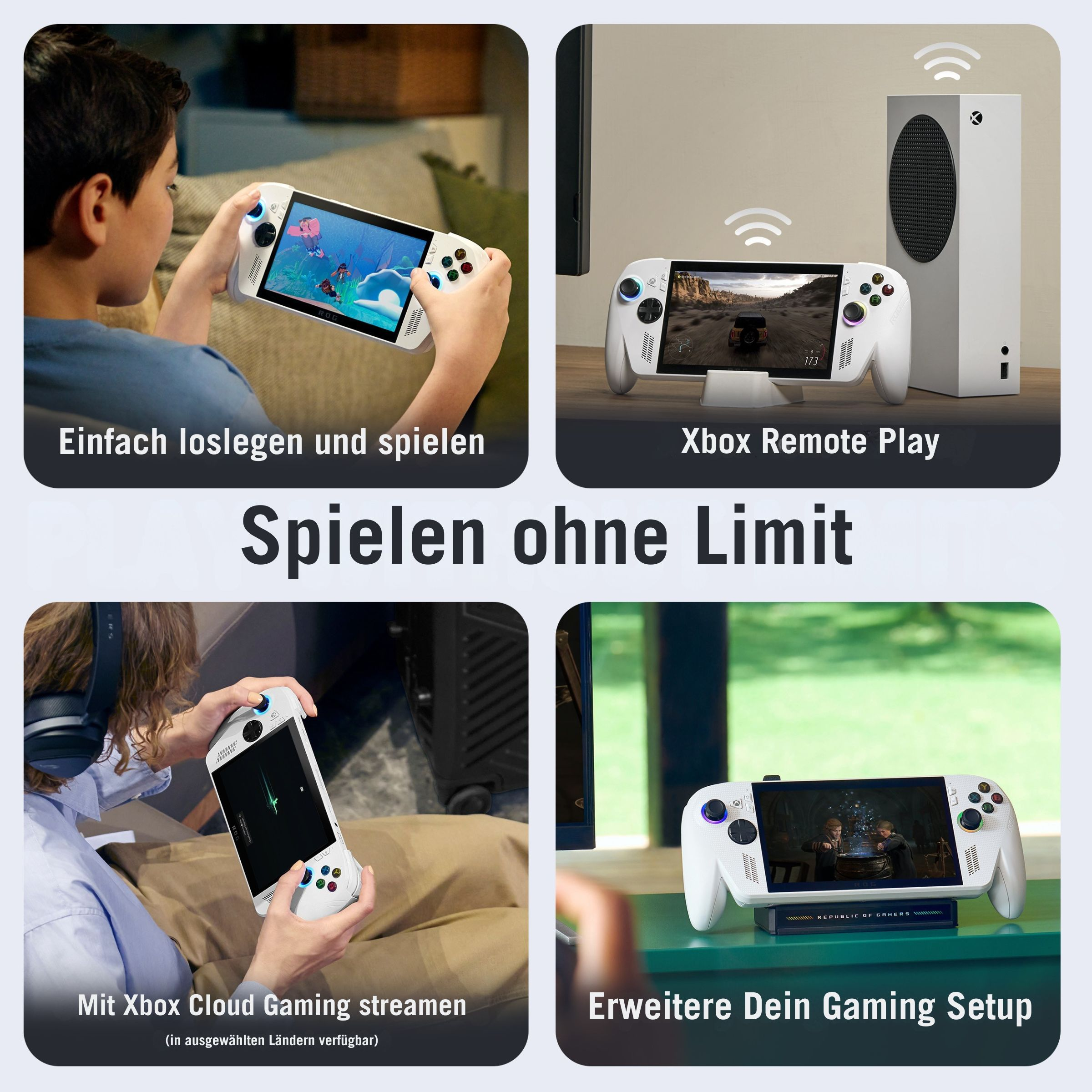 Das Bild zeigt ein Gaming-Handheld in vier Szenarien. Personen spielen damit Spiele.