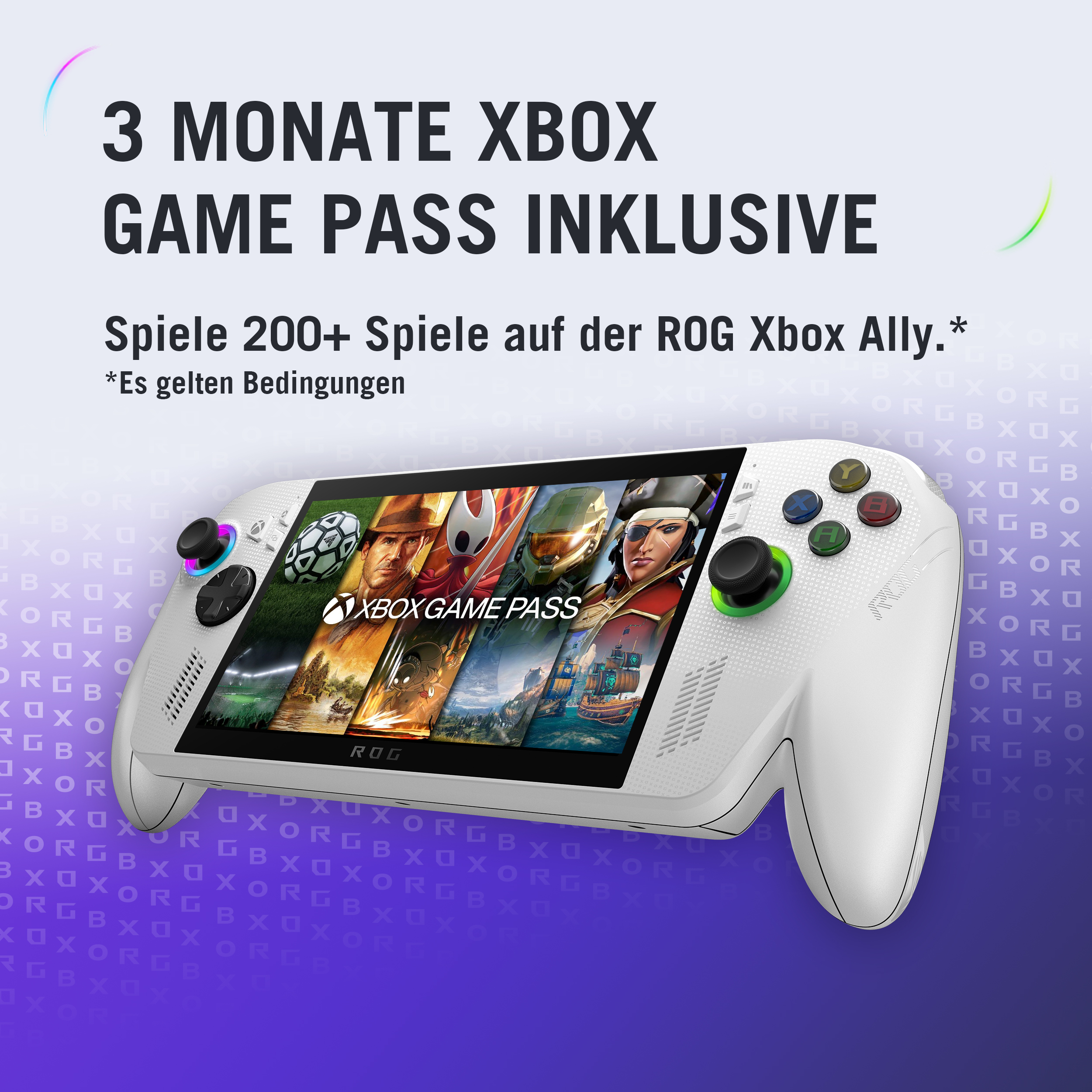 Weiße ROG Xbox Ally Konsole mit Spielbildern auf dem Bildschirm. Text bietet 3 Monate Xbox Game Pass.