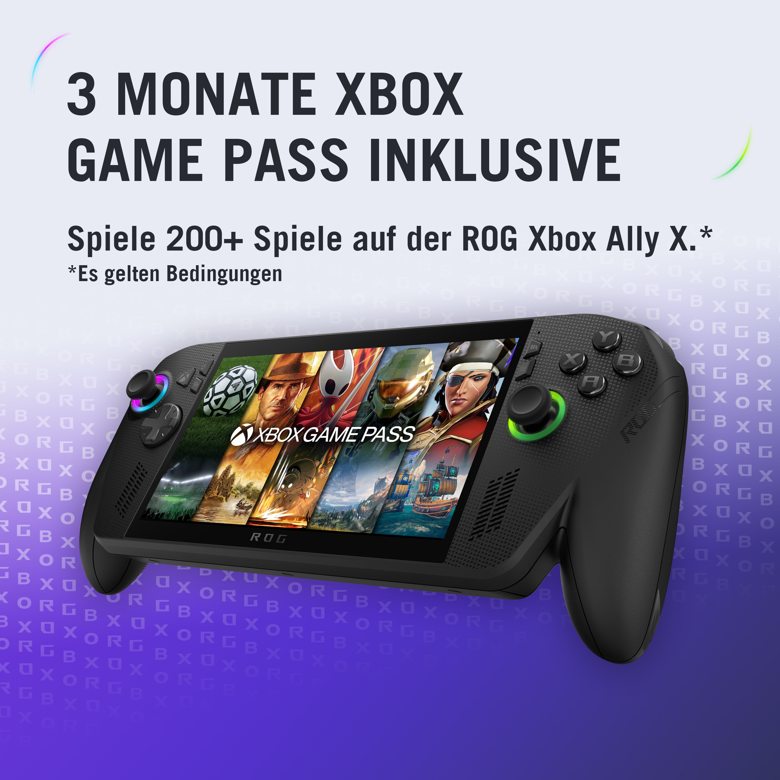 Schwarze Handheld-Konsole mit Bildschirm, der Spielbilder anzeigt. Text oben sagt Xbox Game Pass inklusive.