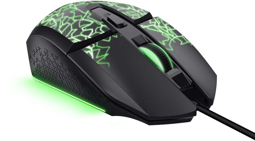 Fekete gamer egér zöld villám mintával. Görgetőkerékkel és oldalsó gombokkal. Világító zöld alap és díszítések.