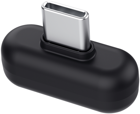 Egy fekete adapter ezüst USB-C csatlakozóval. Az adapter ovális alakú.