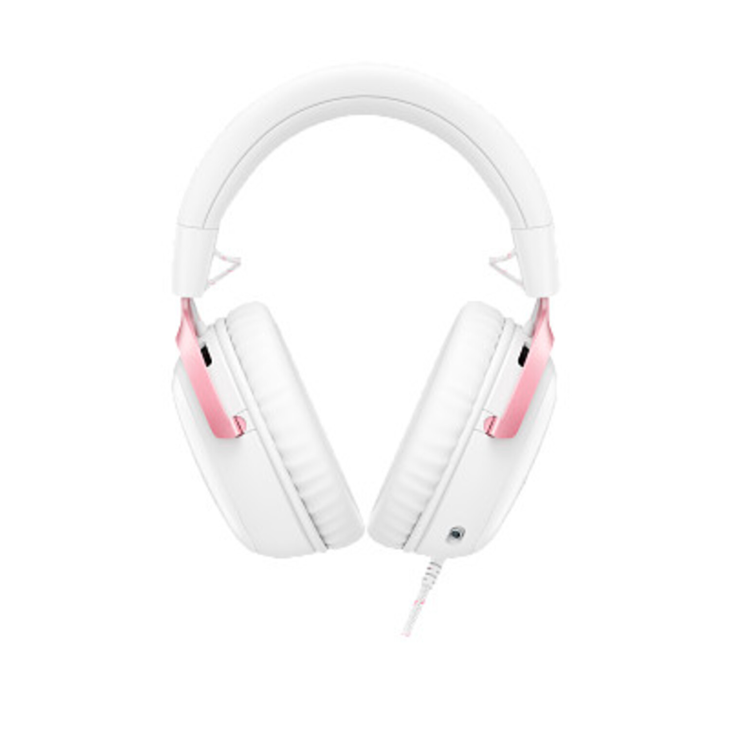 Auriculares blancos con detalles rosas. El diseño circumaural incluye diadema y auriculares, con un cable que se extiende hacia abajo.
