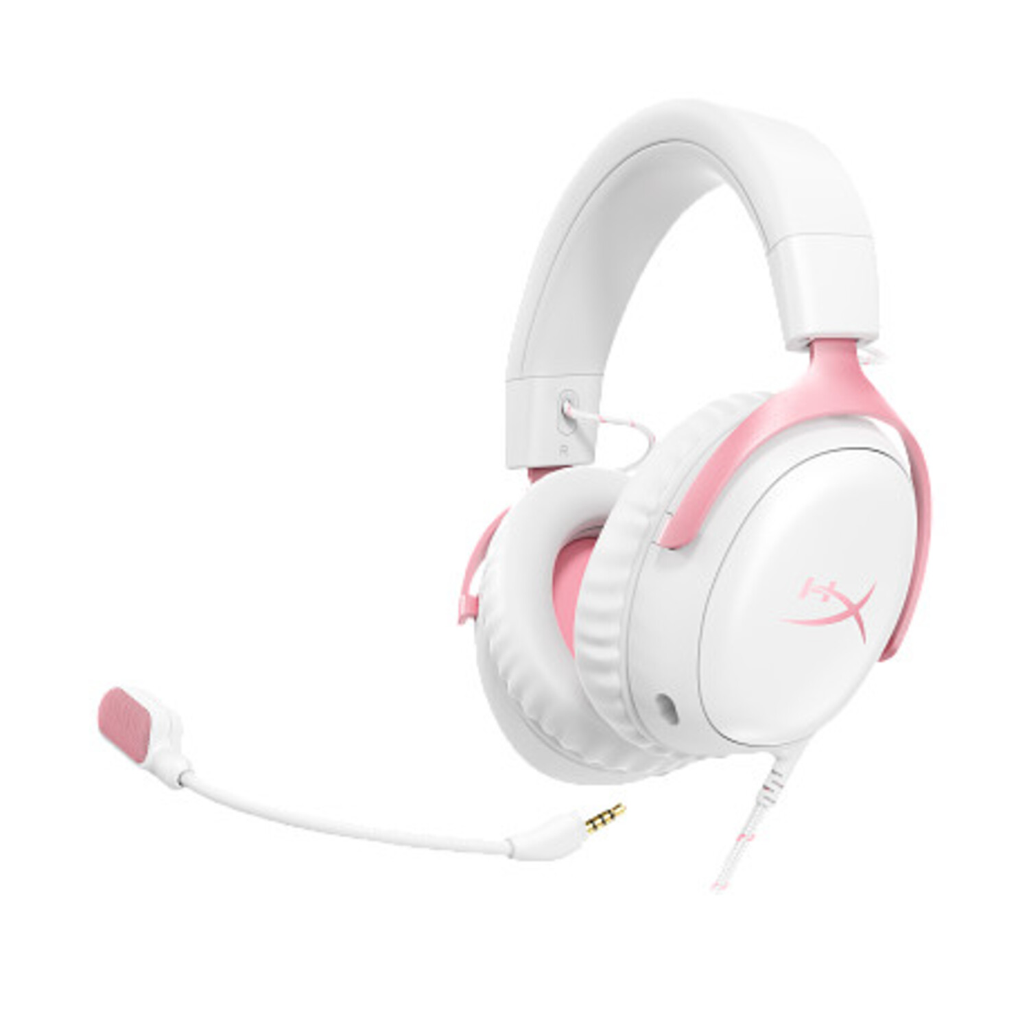 Auriculares para juegos blancos y rosas. Tiene micrófono, auriculares y diadema. El logotipo de HyperX es visible.