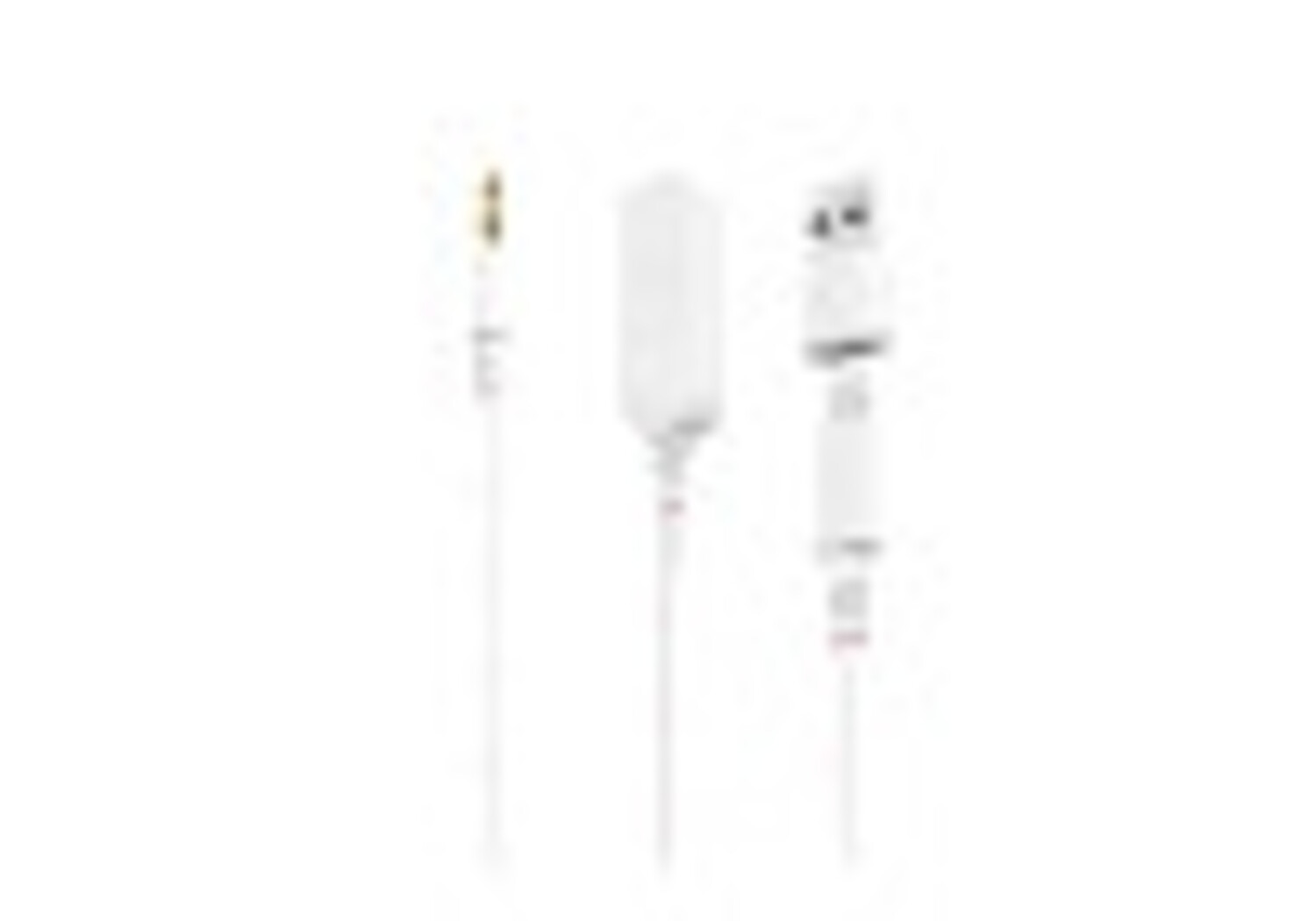 Tres cables blancos sobre fondo blanco. De izquierda a derecha: un conector de audio, un bloque rectangular y un conector USB.