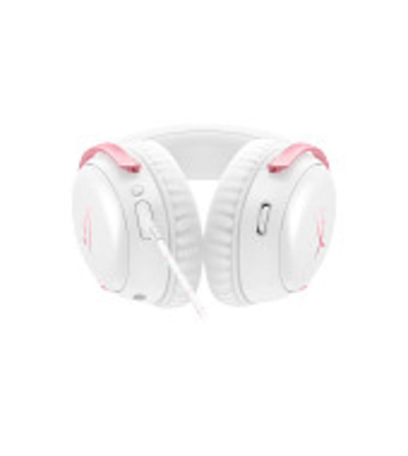 Auriculares gaming blancos con detalles rosas. Los auriculares tienen micrófono y cable blanco, sobre fondo blanco.