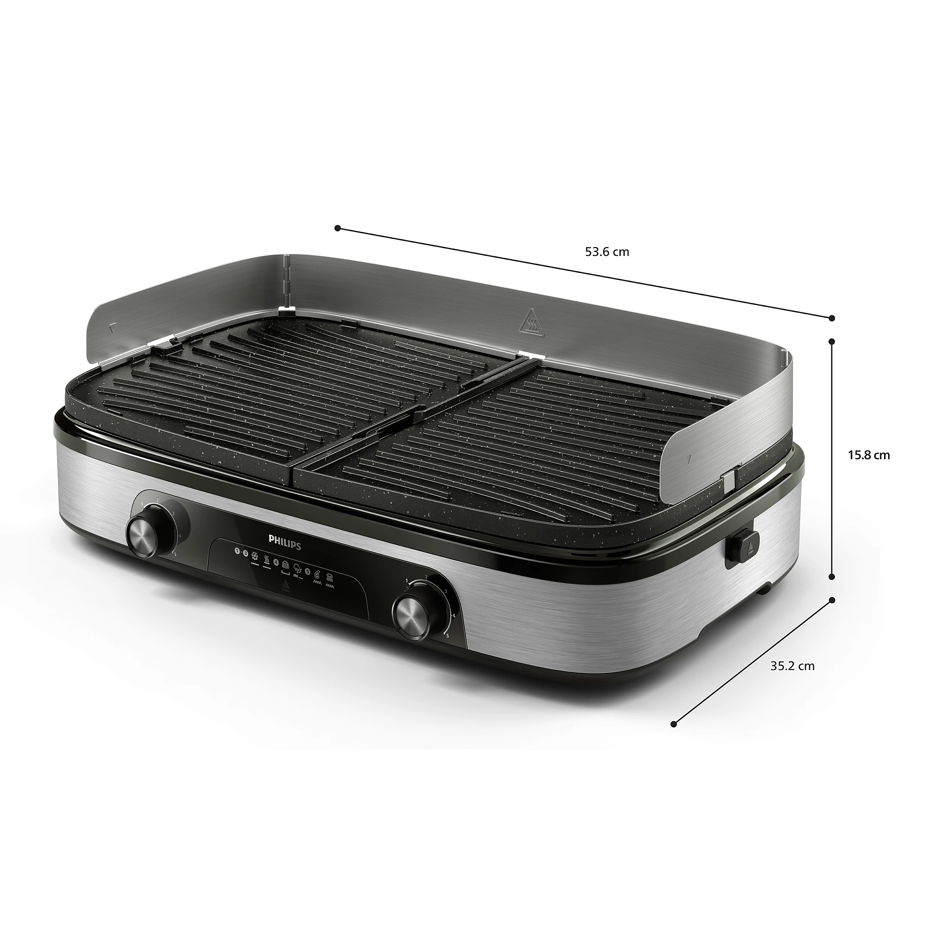 Parrilla eléctrica Philips. Plateada y negra. Con superficie de cocción, controles de temperatura y tapa protectora.