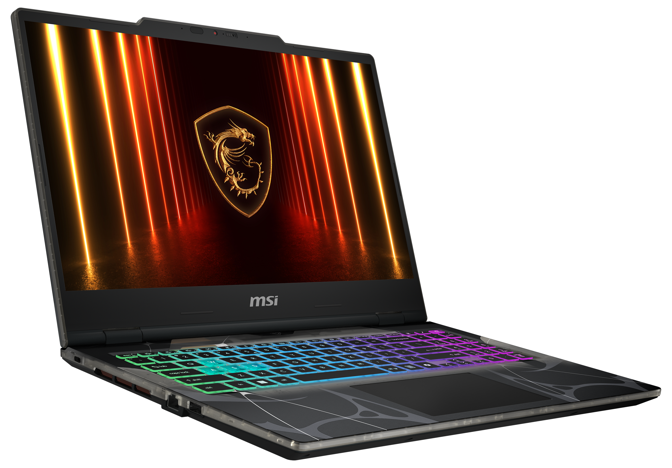 MSI-Laptop mit beleuchteter Tastatur und Bildschirm, der ein Drachenlogo mit vertikalen Lichtstreifen zeigt.
