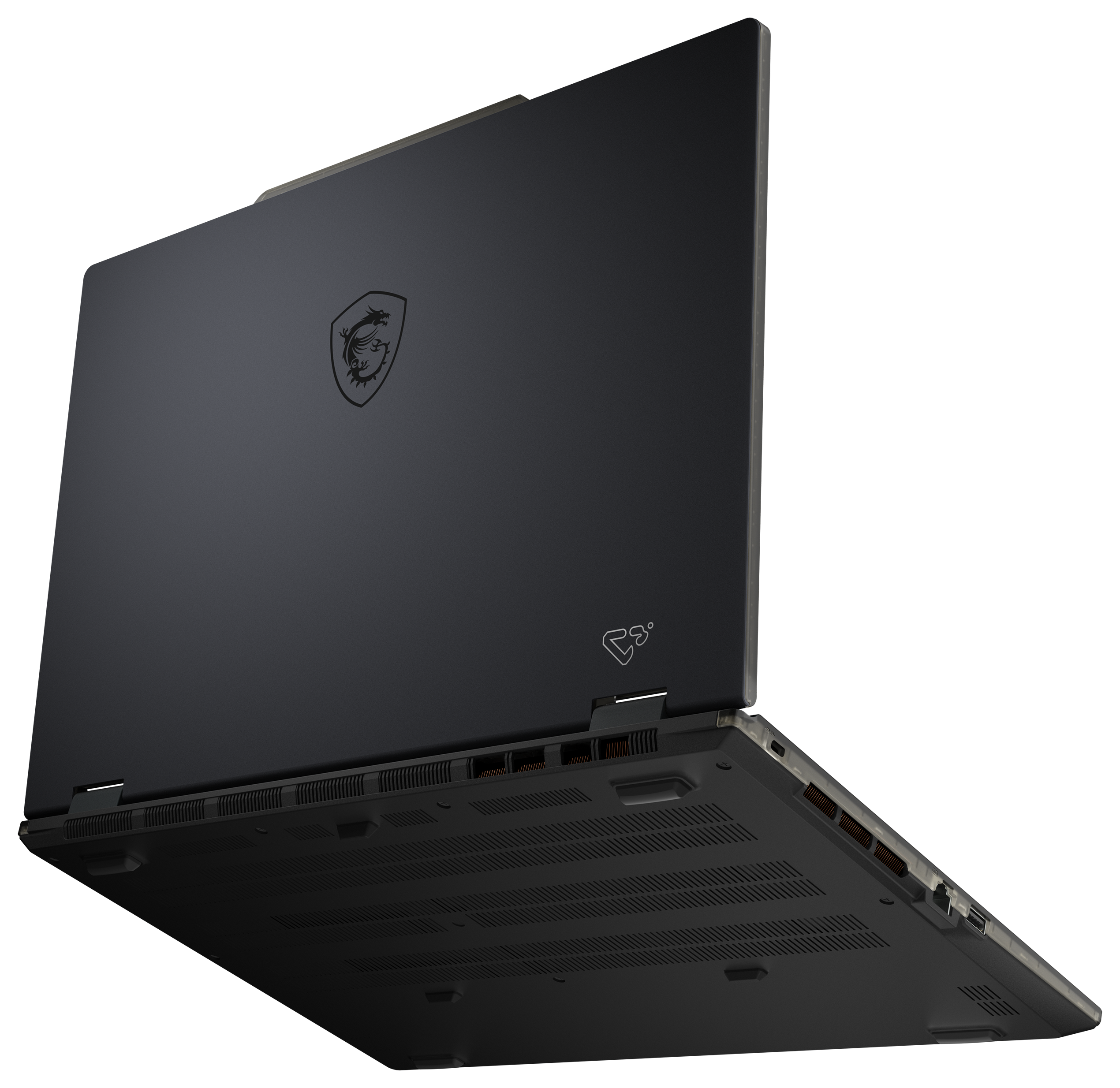Ein schwarzer Laptop wird von unten und schräg geöffnet gezeigt. Das MSI-Logo ist auf dem Deckel sichtbar.