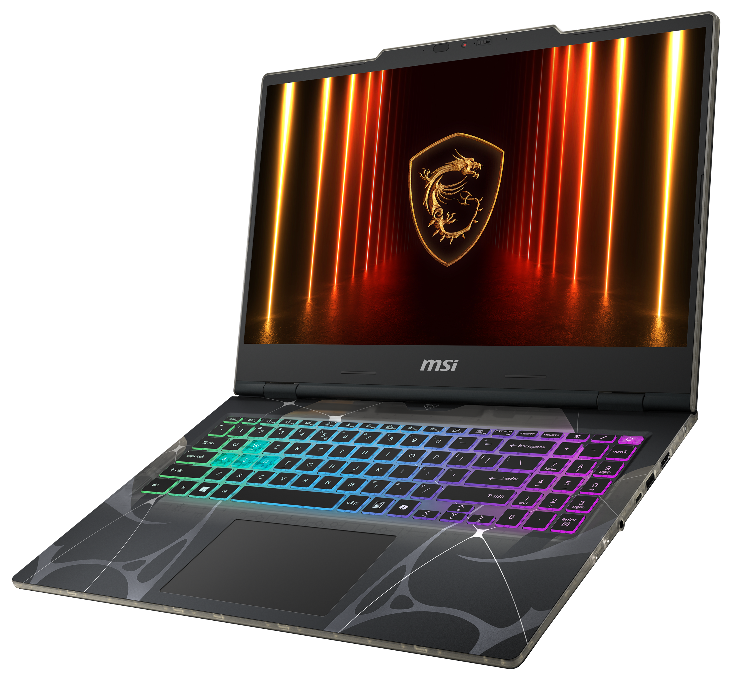 Gaming-Laptop mit leuchtender Tastatur. Der Bildschirm zeigt einen goldenen Drachen über einem rot-orangefarbenen Hintergrund.