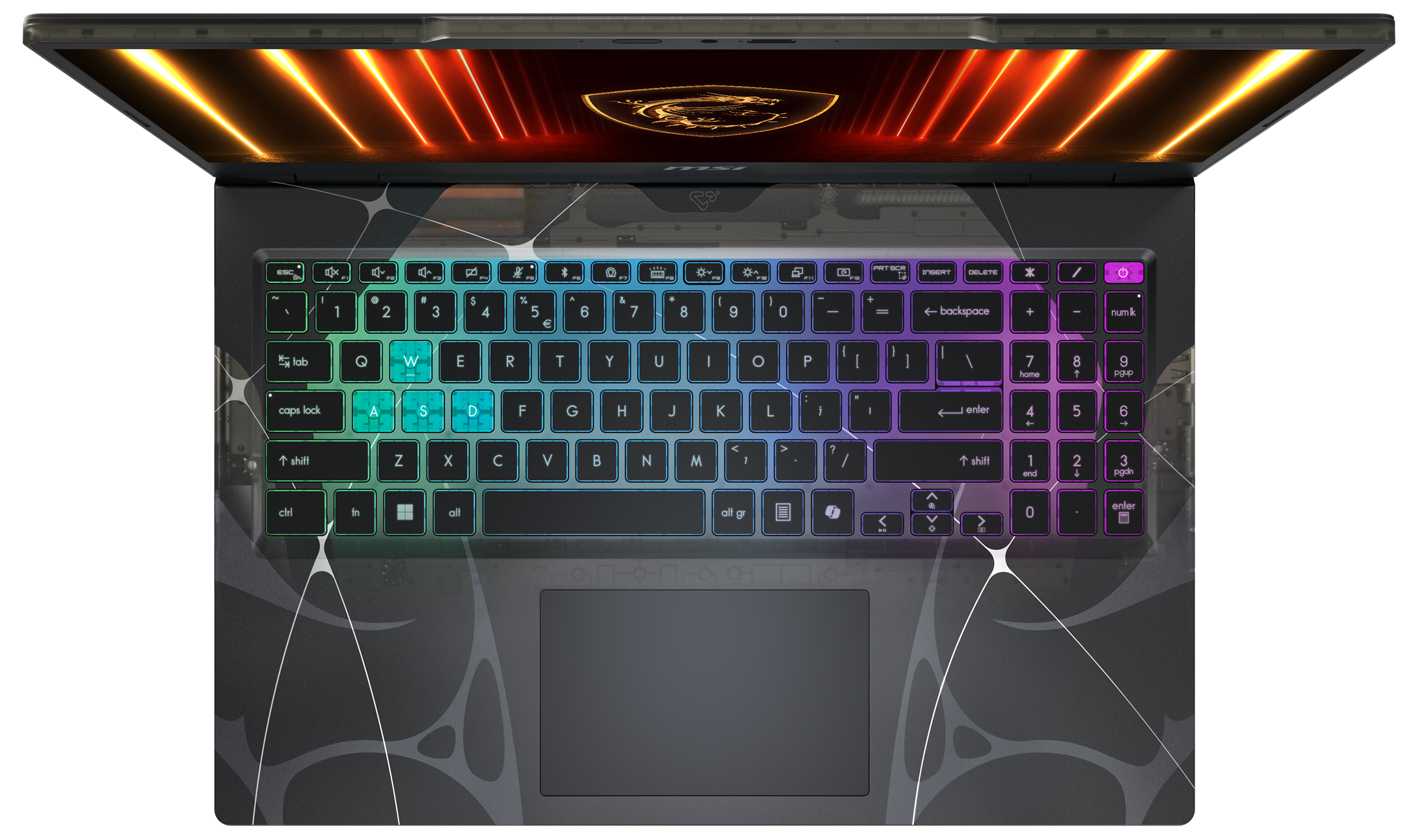 Laptop-Tastatur, beleuchtete Tasten, leuchtender Bildschirm mit orangefarbenen Streifen, schwarzer Hintergrund, MSI-Logo.