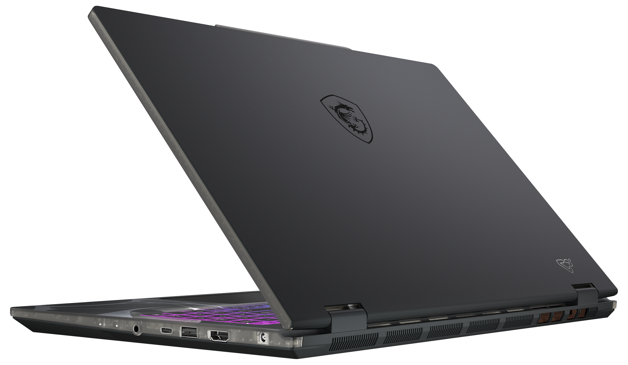 Ein dunkler Laptop, dessen Bildschirm leicht geöffnet ist und eine hintergrundbeleuchtete Tastatur zeigt. Das MSI-Logo ist sichtbar.