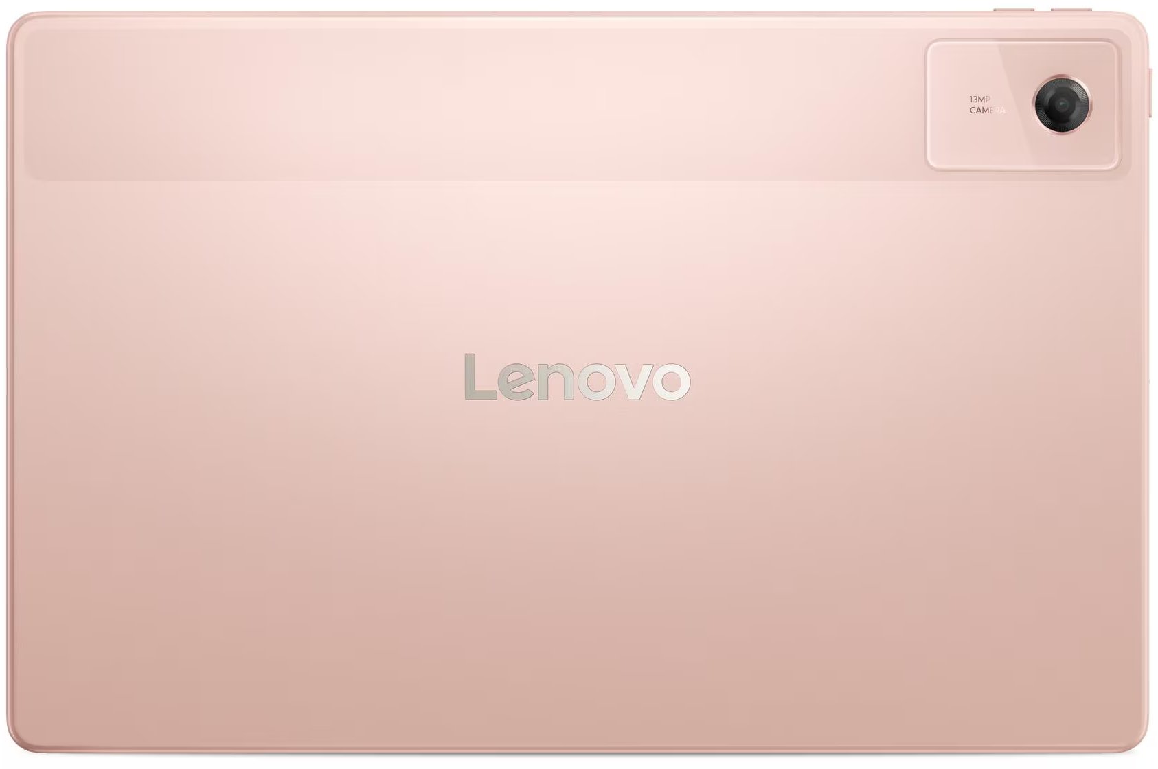 Rózsaszín Lenovo tablet hátulja. A jobb felső sarokban kamera. Lenovo logó középen. 13MP kamera felirat.