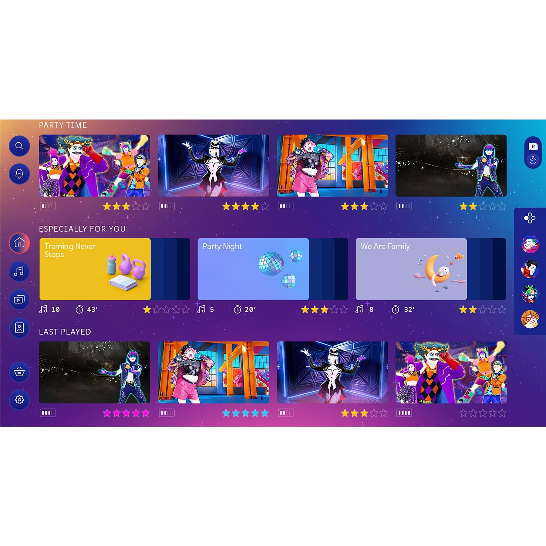 Una interfaz de juego con mosaicos coloridos, que muestra opciones de juego de baile. Hay iconos y varias selecciones de canciones con calificaciones de estrellas.