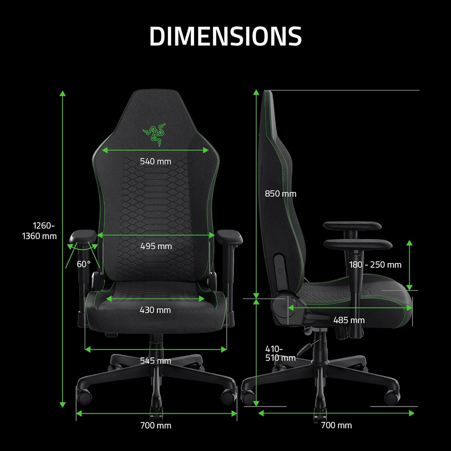 Diagram, amely egy fekete gamer szék méreteit mutatja. A méretek közé tartozik a magasság, szélesség és szögek mm-ben.