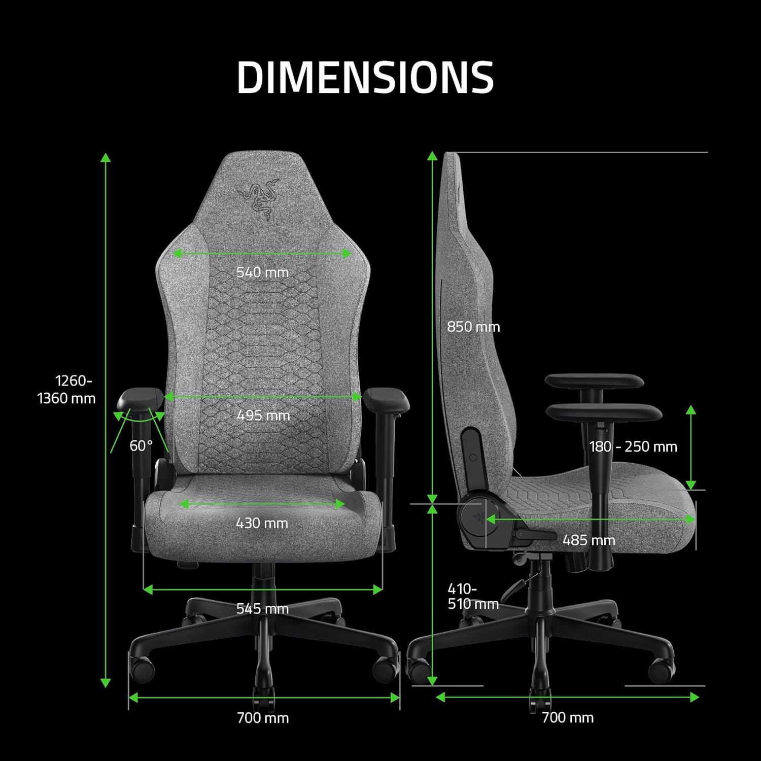 Szürke gamer szék diagramja, méretekkel milliméterben, beleértve a magasságot, szélességet és a kartámasz beállításait.