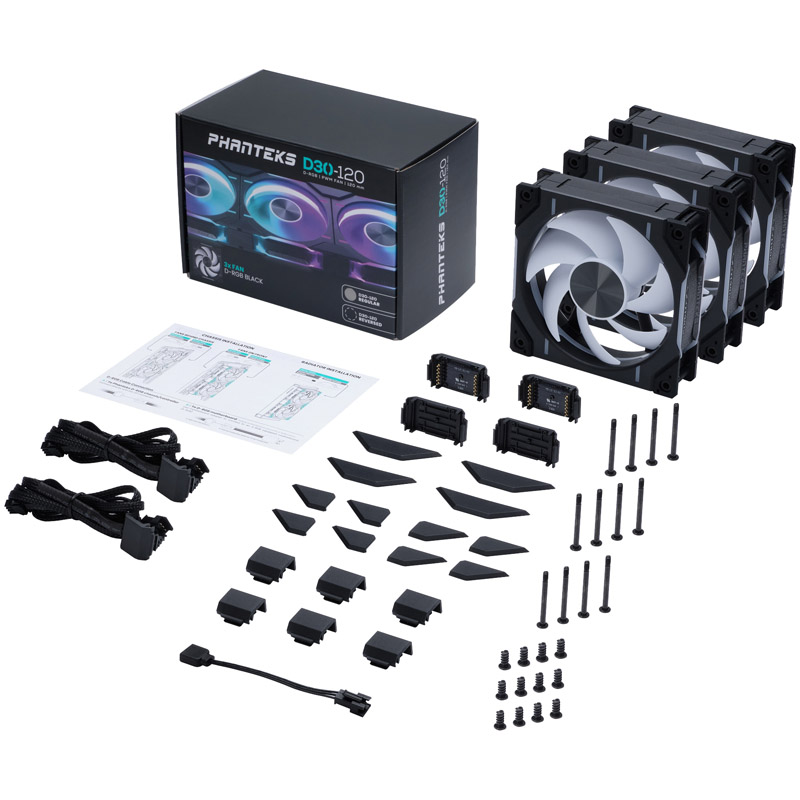 Ein Computer-Lüfter-Kit mit Box, Lüftern, Schrauben und Zubehör. Schwarz-weißes Farbschema. Enthält Installationsanleitungen.