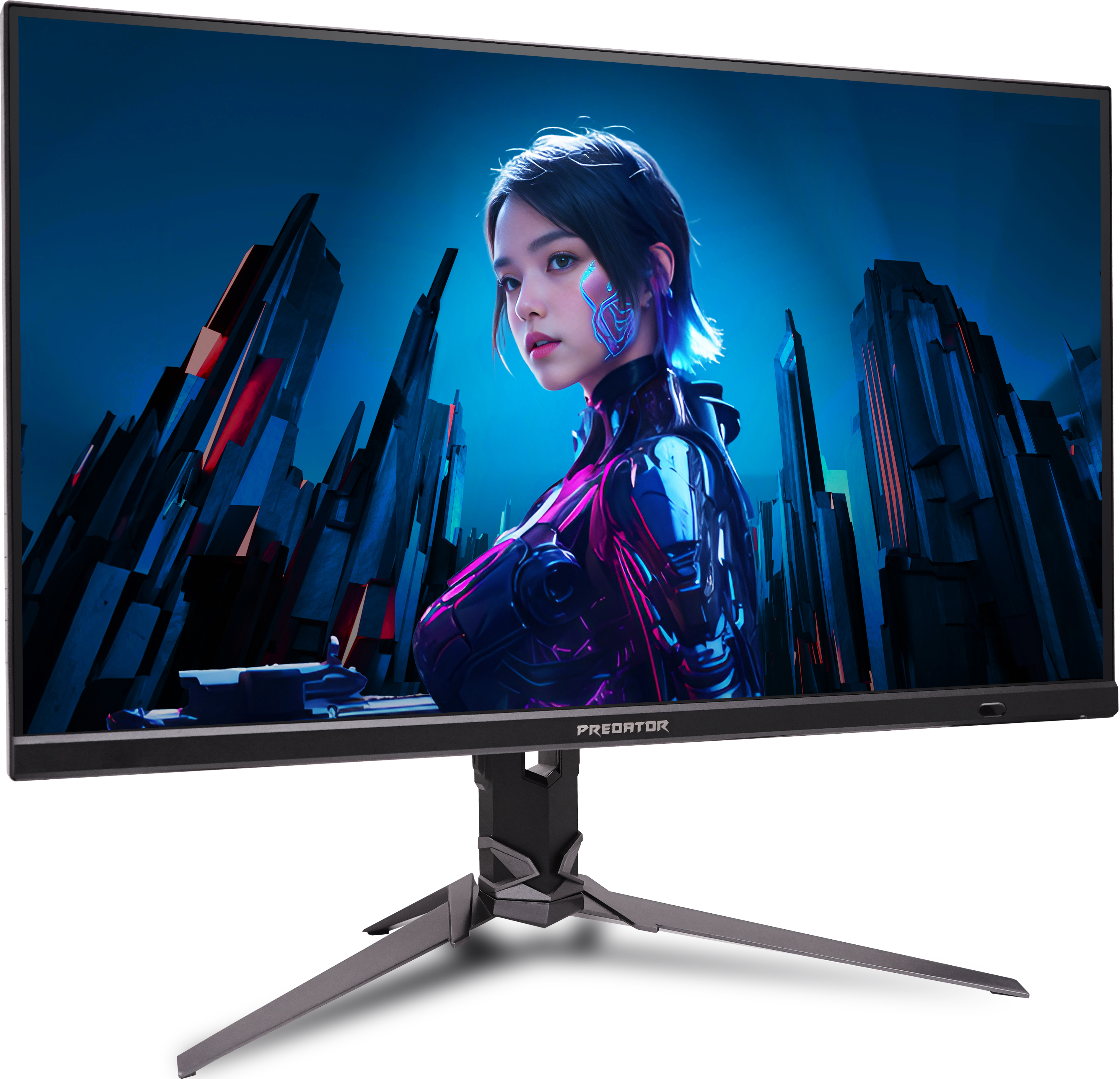 Moniteur avec une femme futuriste à l'écran. Les tons bleus et roses dominent. Le support est métallique avec un fond blanc.