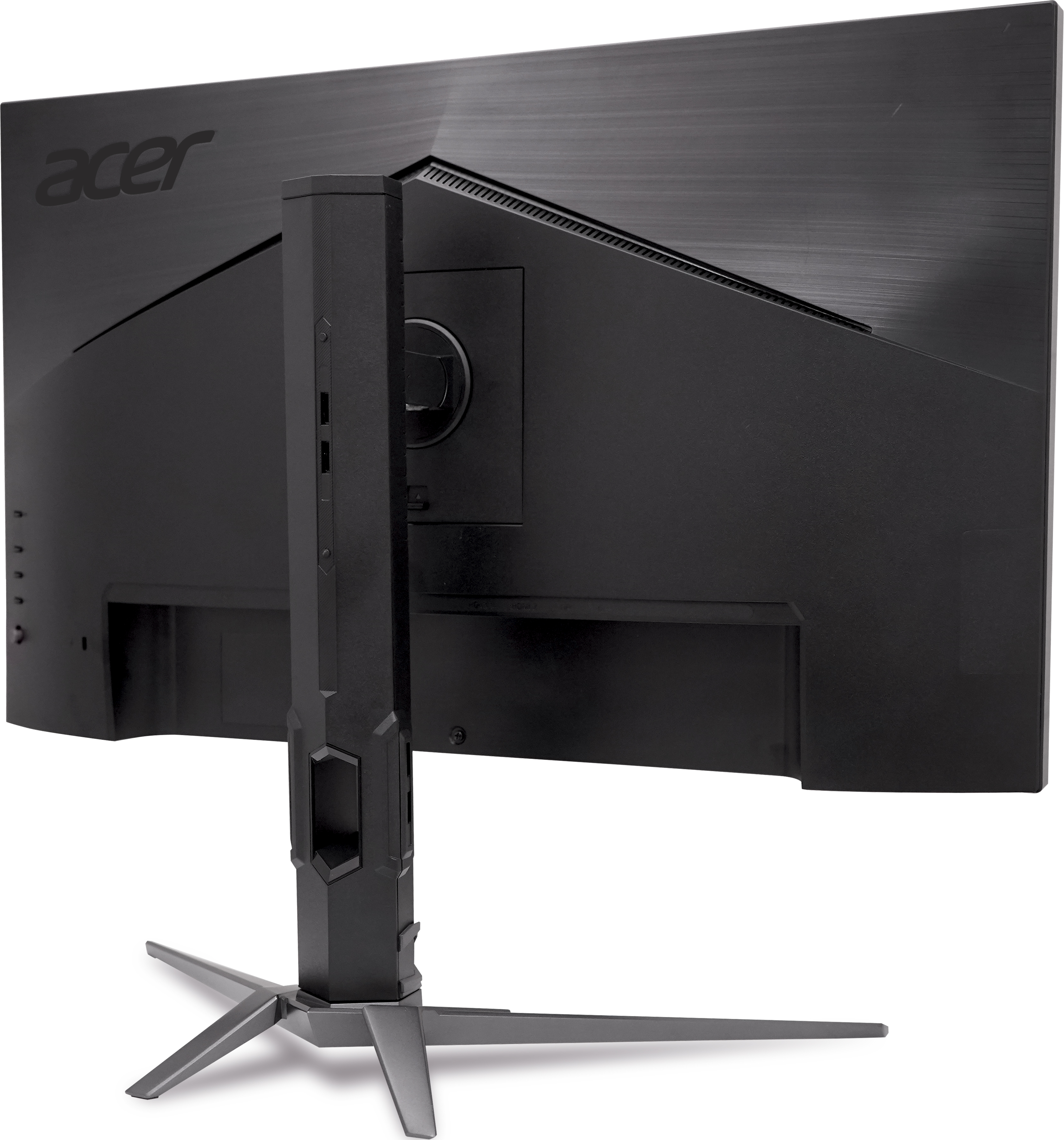 L'arrière d'un moniteur Acer noir. Le support est également noir et possède une base en forme de croix.