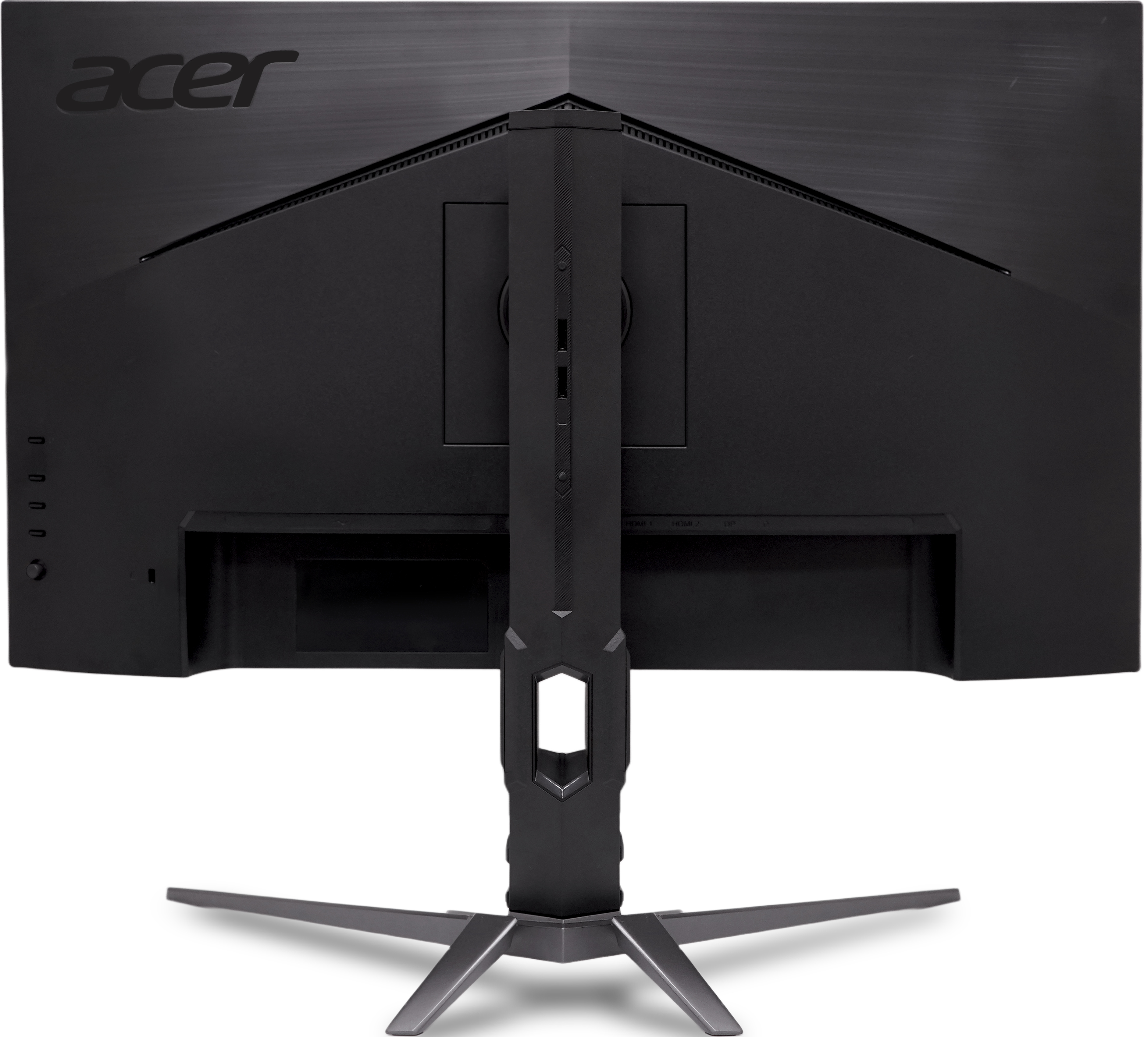L'arrière d'un moniteur Acer noir est visible. Il possède un support, des ports et le logo Acer.