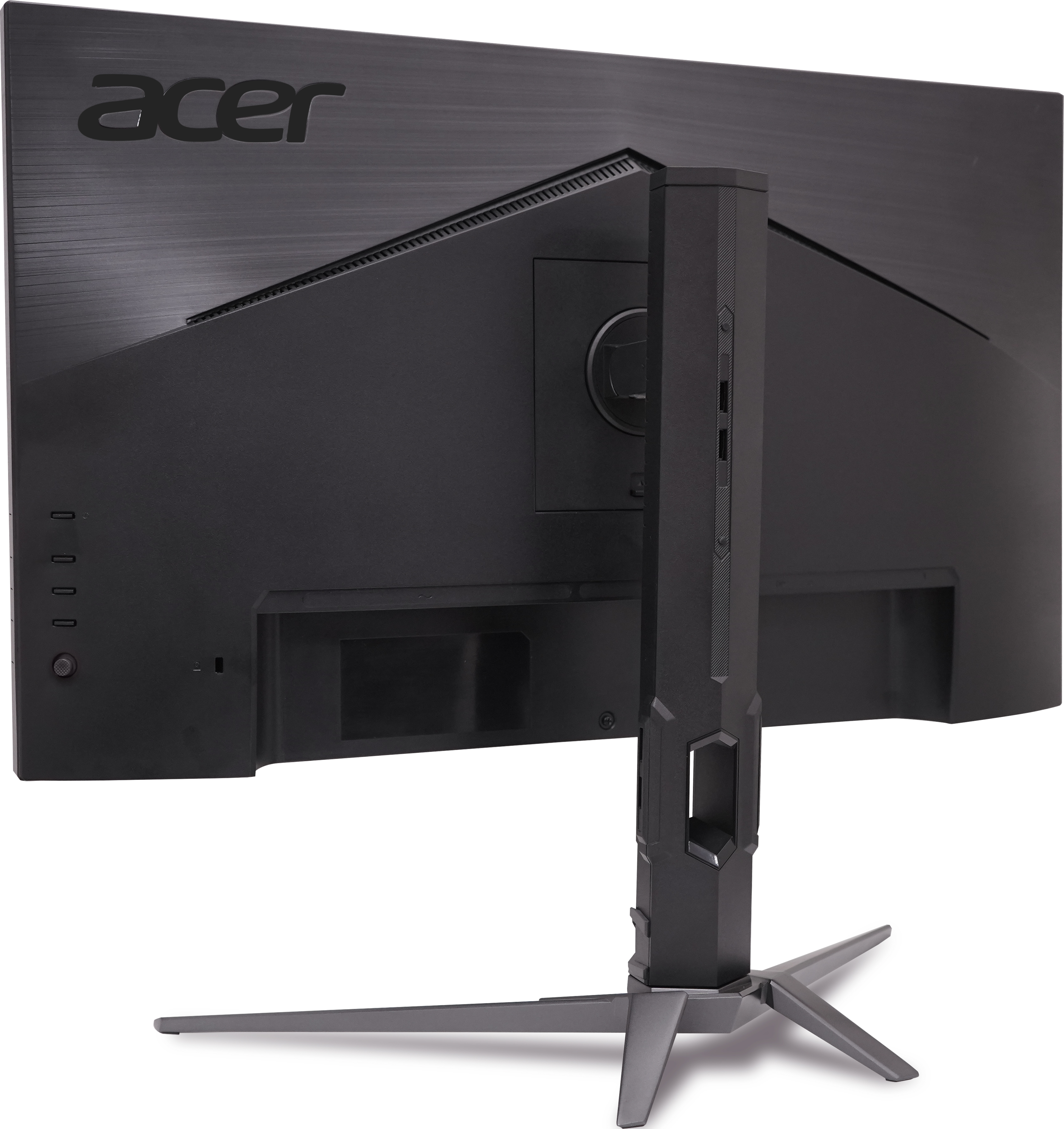 L'arrière d'un moniteur Acer noir est montré. Un pied de support et un support sont au centre, et le logo Acer est en haut.