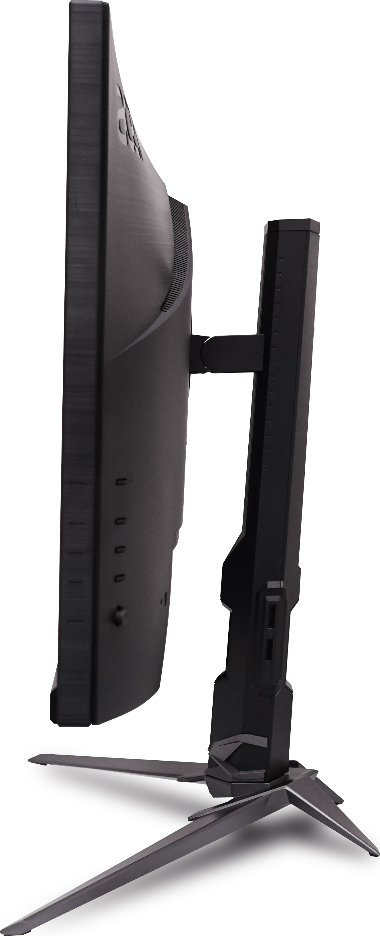 Vue latérale d'un écran d'ordinateur noir. Le moniteur est sur un support avec une base métallique. Le fond est blanc.