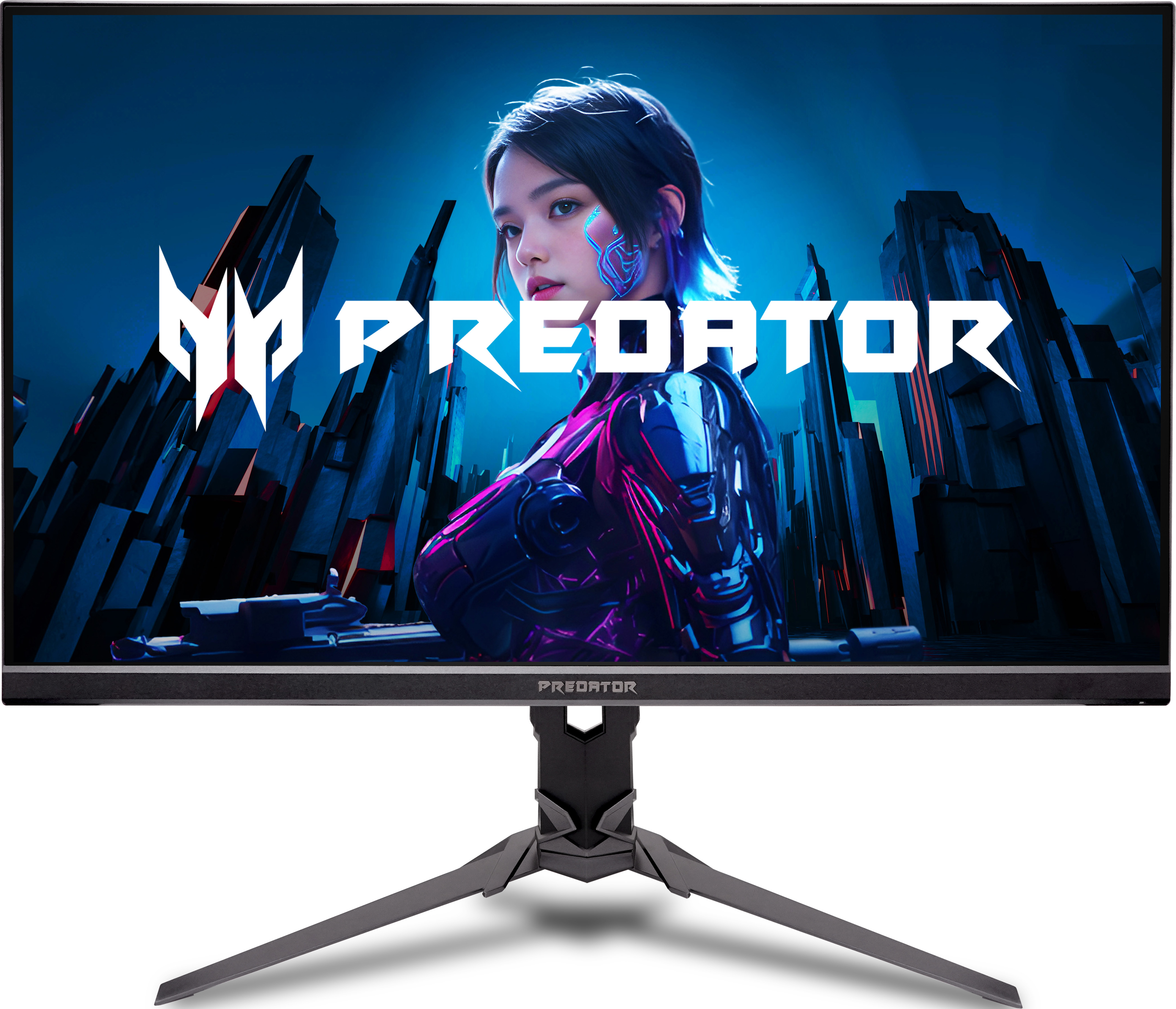Écran avec une femme devant un fond bleu avec le logo Predator. L'écran est sur un support.