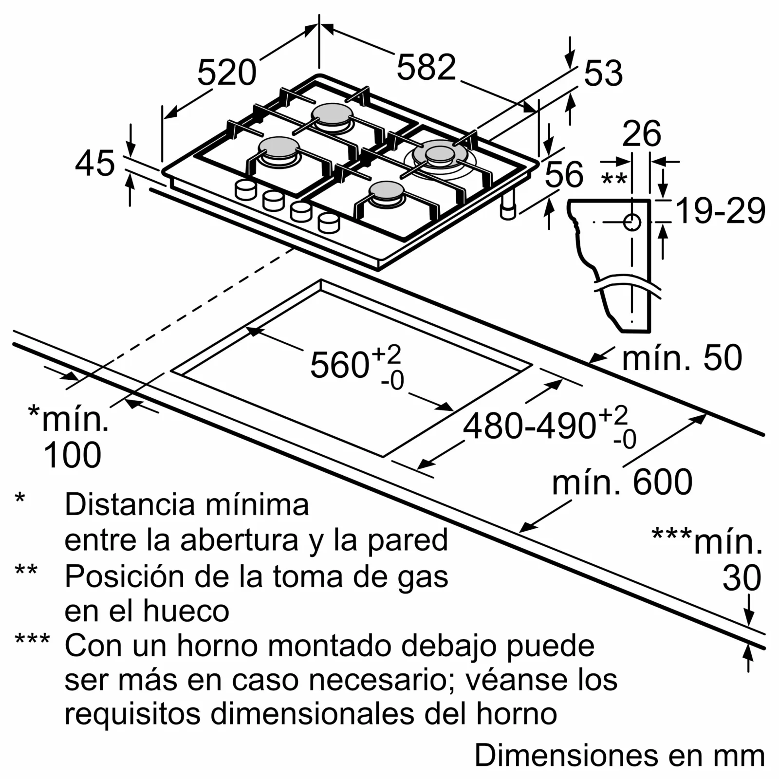 Diagrama de una encimera de gas con dimensiones en mm, incluyendo tamaño del corte y distancias mínimas, con etiquetas en español.