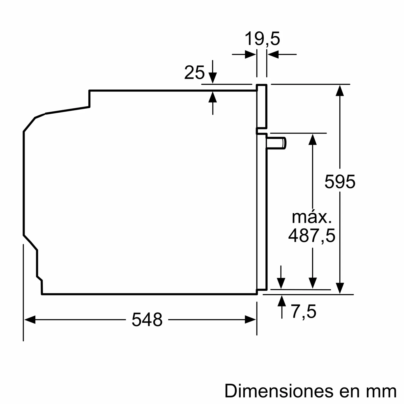 Diagrama de un horno con dimensiones en milímetros. Muestra el ancho, alto y profundidad del horno, con medidas.