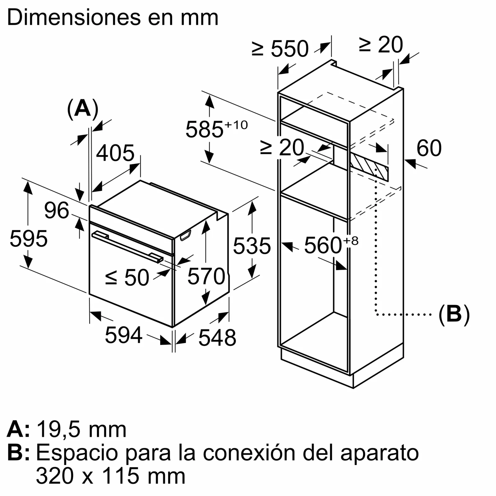 Diagrama con dimensiones en mm para horno y mueble empotrados. Incluye medidas y etiquetas para la instalación.
