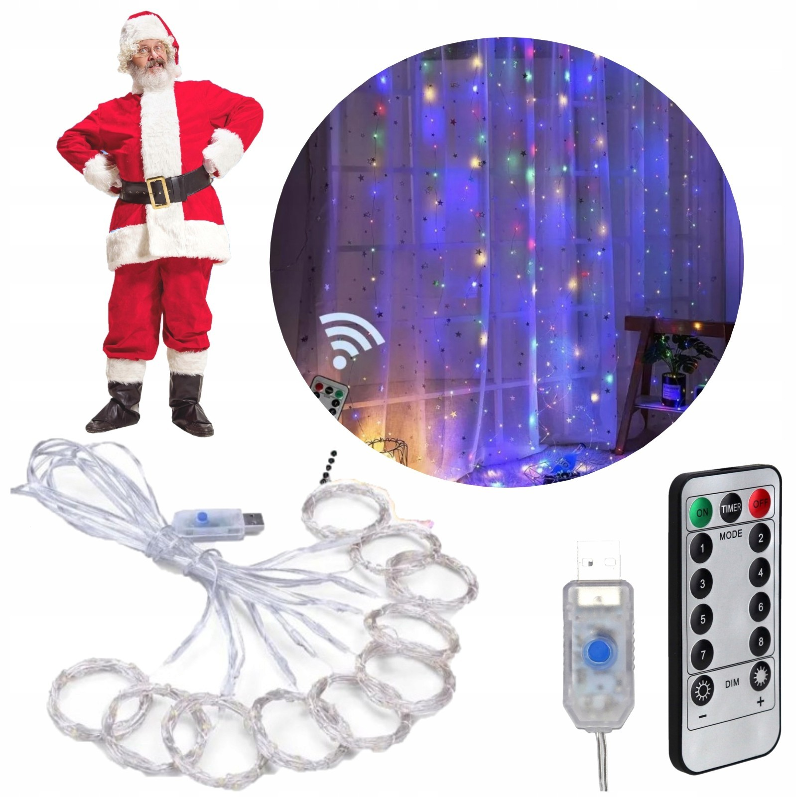 Mikołaj stoi obok lampek choinkowych. Zawiera pilota, światła USB i gwiezdną zasłonę.