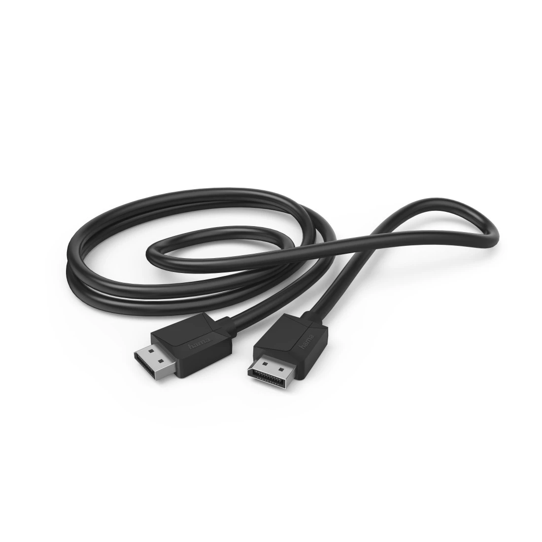 Un cable de pantalla negro Hama yace sobre una superficie blanca. Tiene dos conectores en ambos extremos, con el cable enrollado en un bucle.